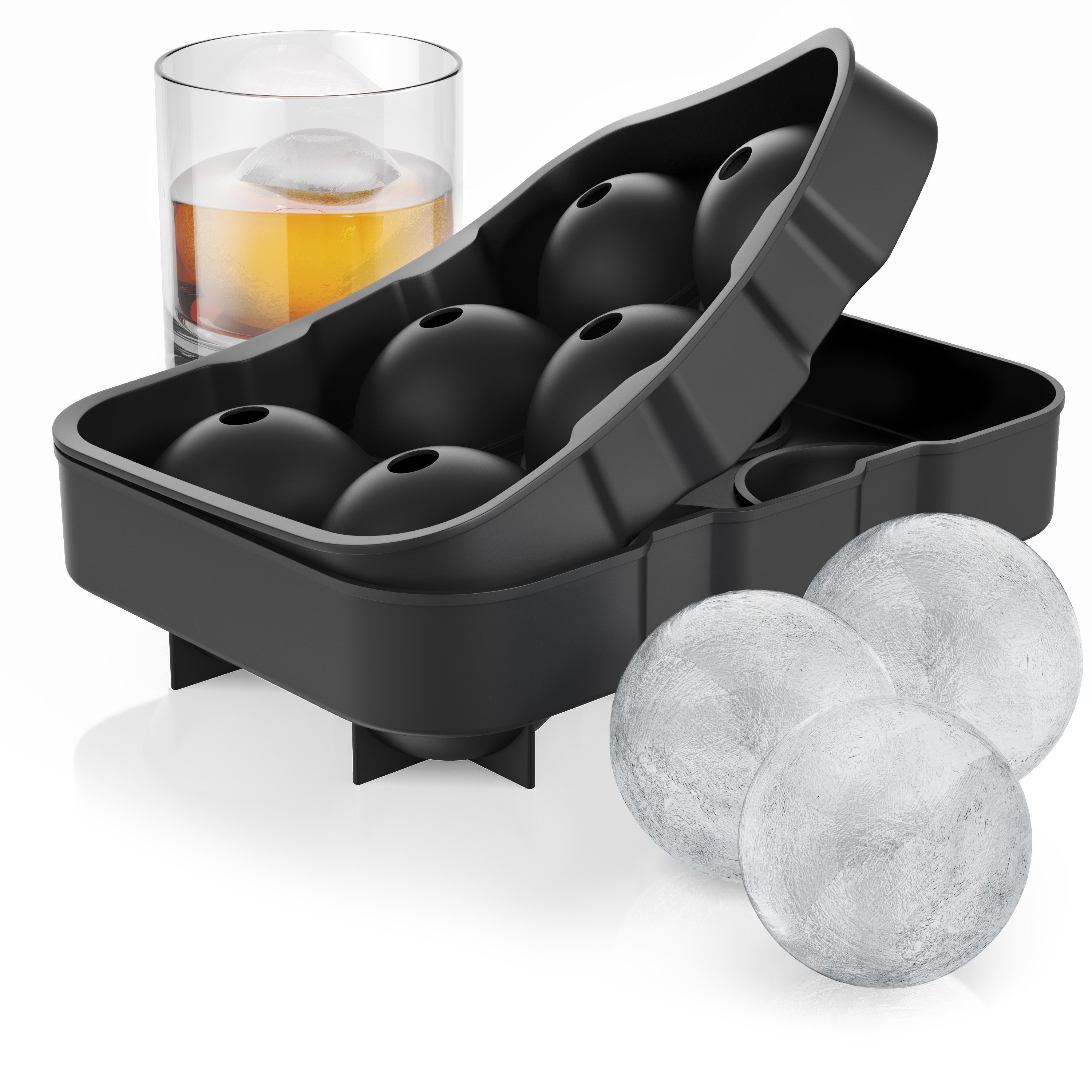 Arendo Eiswürfelform 6x 46ml Kugelform sechsfach mit Trichter & Deckel, extra große Öffnung, (1-tlg), Silikon zum leichten Herauslösen, spülmaschinengeeignet