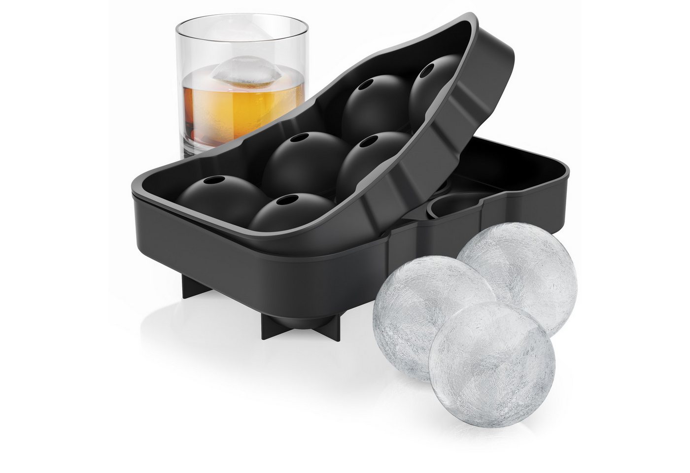Arendo Eiswürfelform 6x 46ml Kugelform sechsfach mit Trichter & Deckel, extra große Öffnung, (1-tlg), Silikon zum leichten Herauslösen, spülmaschinengeeignet, BPA-frei