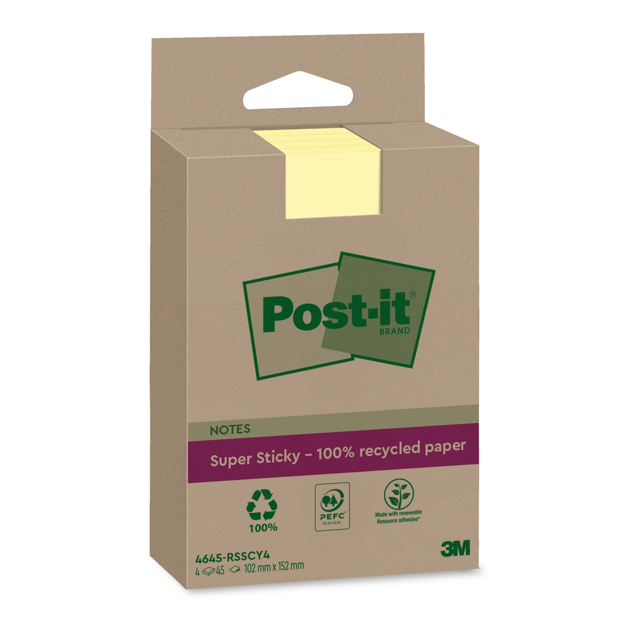 Haftnotizblock Haftnotiz Super Sticky 4645-RSSCY4 102x152mm 4x45 Blatt
