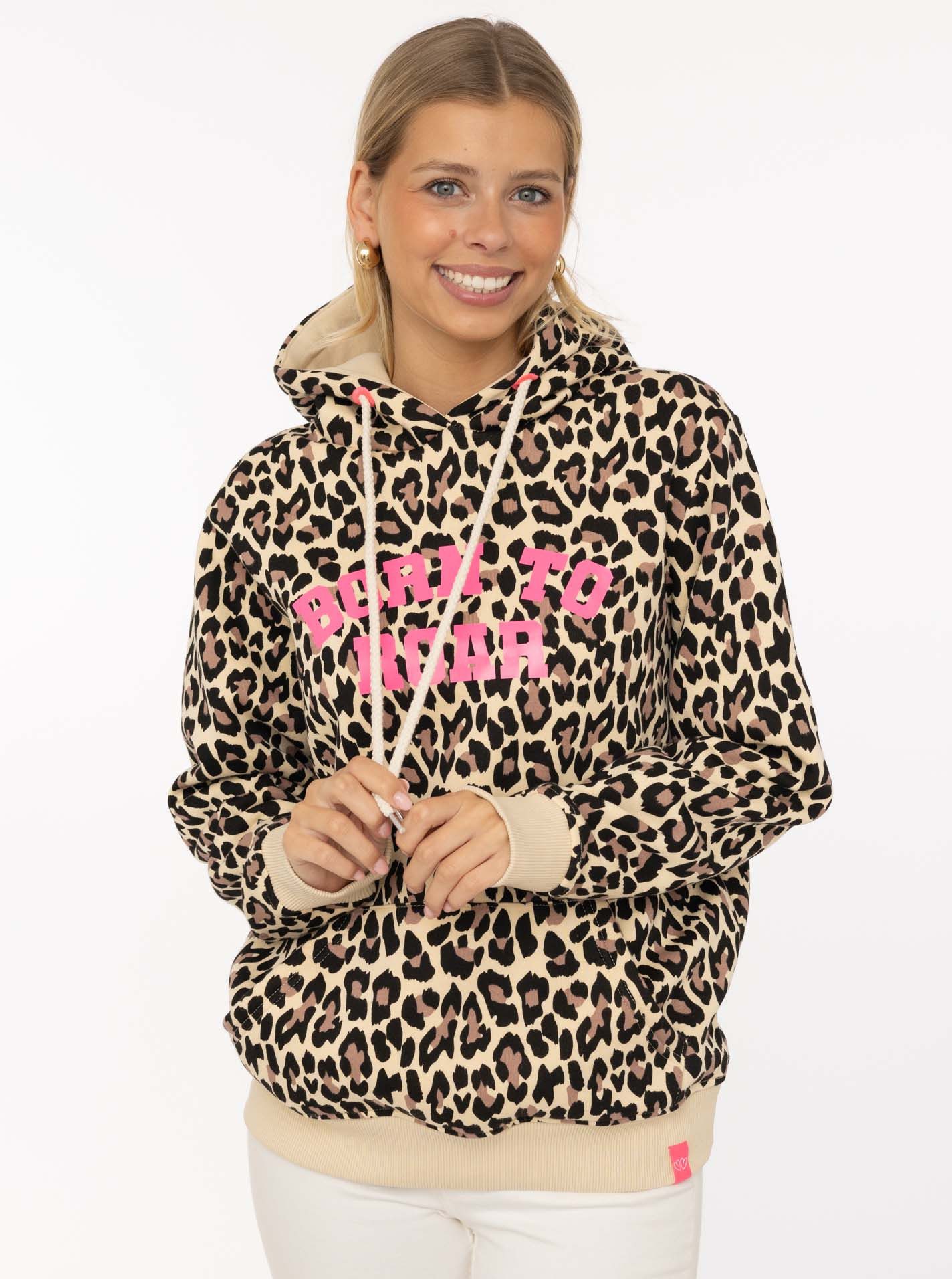 Zwillingsherz Hoodie "Born to roar" Leo Muster, pinker Schriftzug, Kordel, Kapuze, Fronttasche