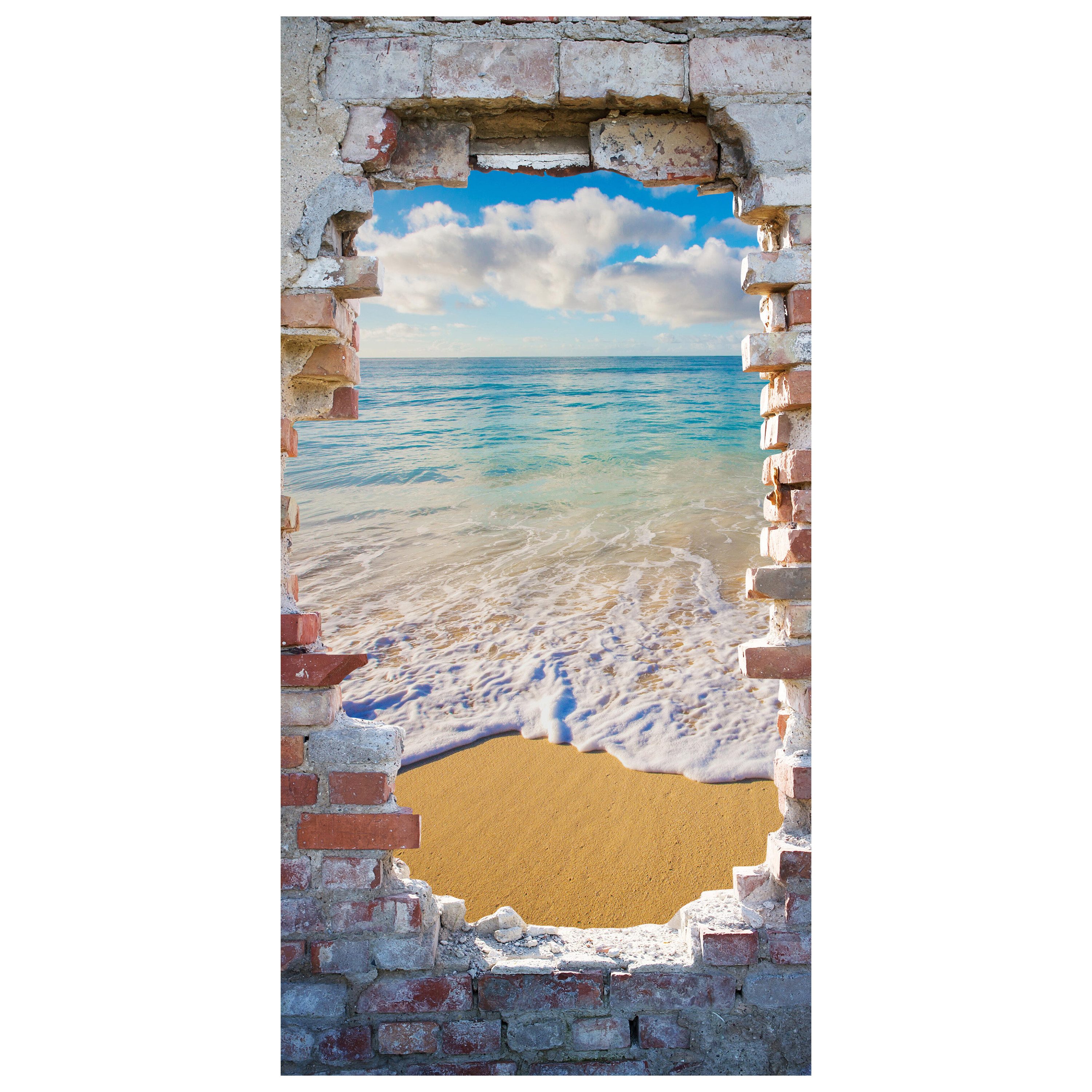 wandmotiv24 Türtapete 3D Steinwand, Ausblick, Meer, Strand, glatt, Fototapete, Wandtapete, Motivtapete, matt, selbstklebende Dekorfolie