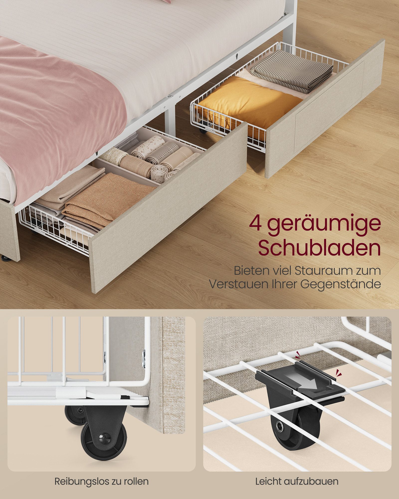 VASAGLE Polsterbett inkl. ergonomischer Matratze, 7-Zonen Taschenfederkernmatratze Set, 140x200 cm, 4 Schubladen, USB, H3 – Bild 5 von 5