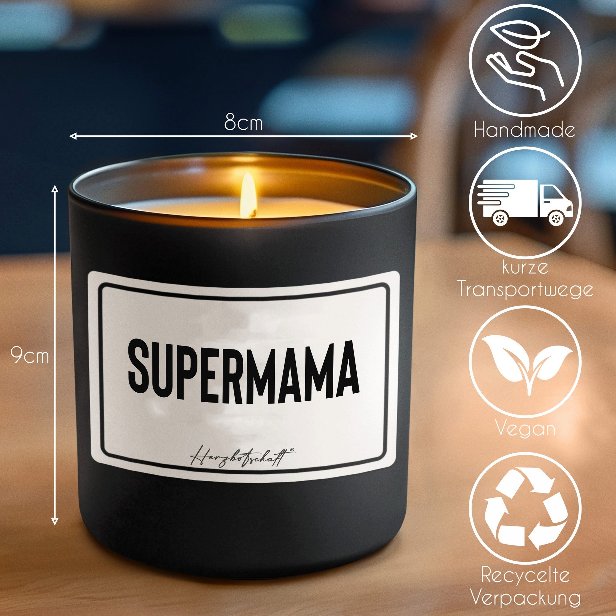 Herzbotschaft Duftkerze, (Supermama, originelles Geschenk, handgemachte nachhaltige Sojakerze im Glas)