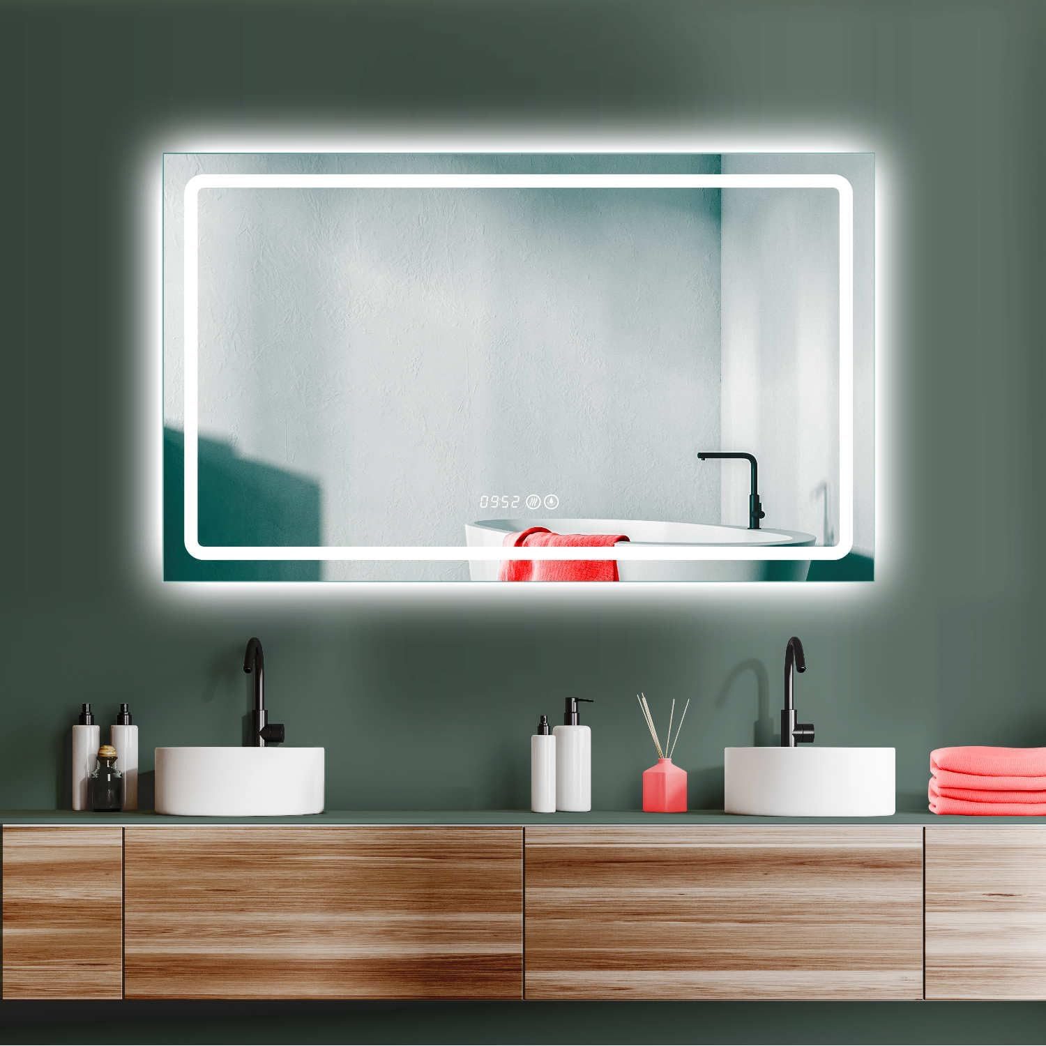 HOKO Badspiegel mit beleuchtung+Uhr+Antifog, 50x70/60x80/100*60 cm badezimmerspiegel (mit licht, Warmweiß - Kaltweiß - Neutral. Licht mit Touch Schalter und mit Wandschalter einschaltbar. Memory-Funktion.IP44, 5mm HD Glass)