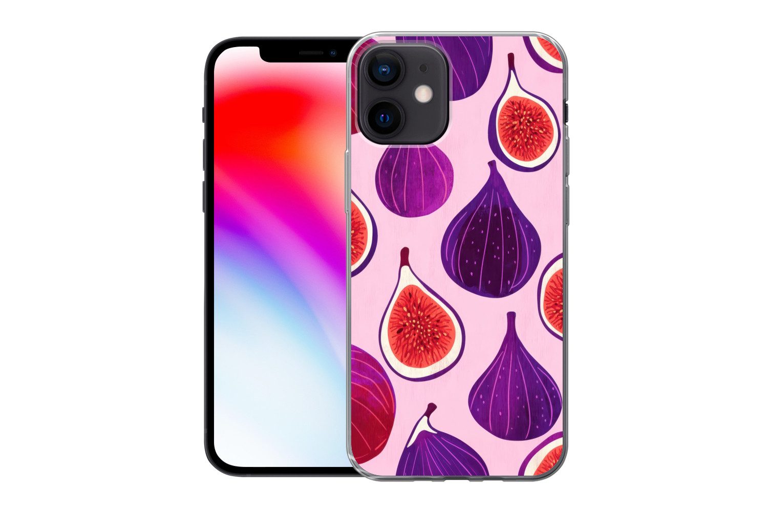 MuchoWow Handyhülle für Apple iPhone 12 Feigen - Rosa - Lila, Smartphone-Bumper, Print, Handy Schutzhülle Dünn