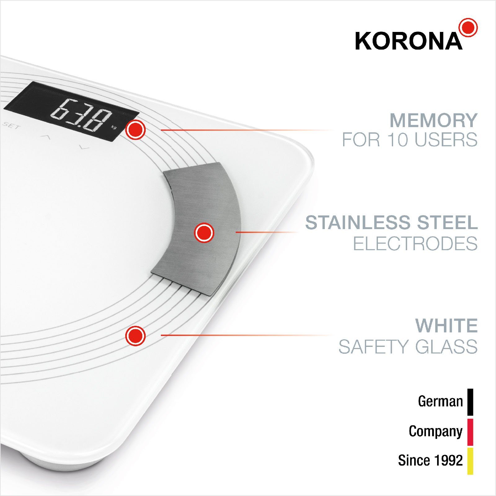 KORONA Körper-Analyse-Waage Debby, bis zu 10 Speicherplätze, Exaktheit in 100 g-Schritten, sie misst Körperfett, Körperwasser und Muskelanteil