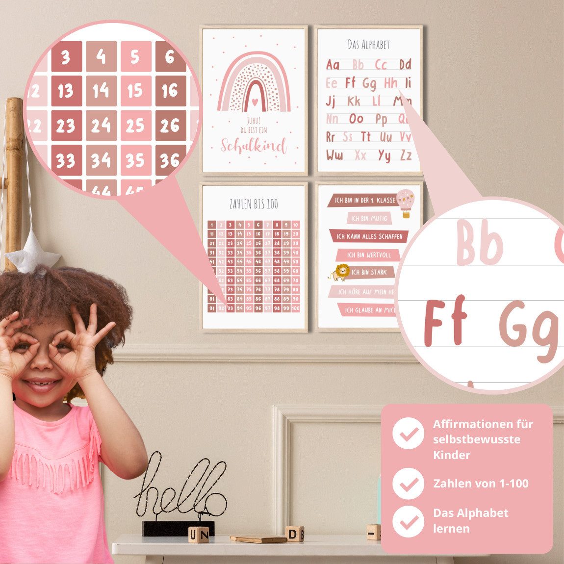 MeinBaby123® Poster Lernposter, Bilder Kinderzimmer Deko, Buchstaben, Alphabet, Zahlen, Mathe, Formen