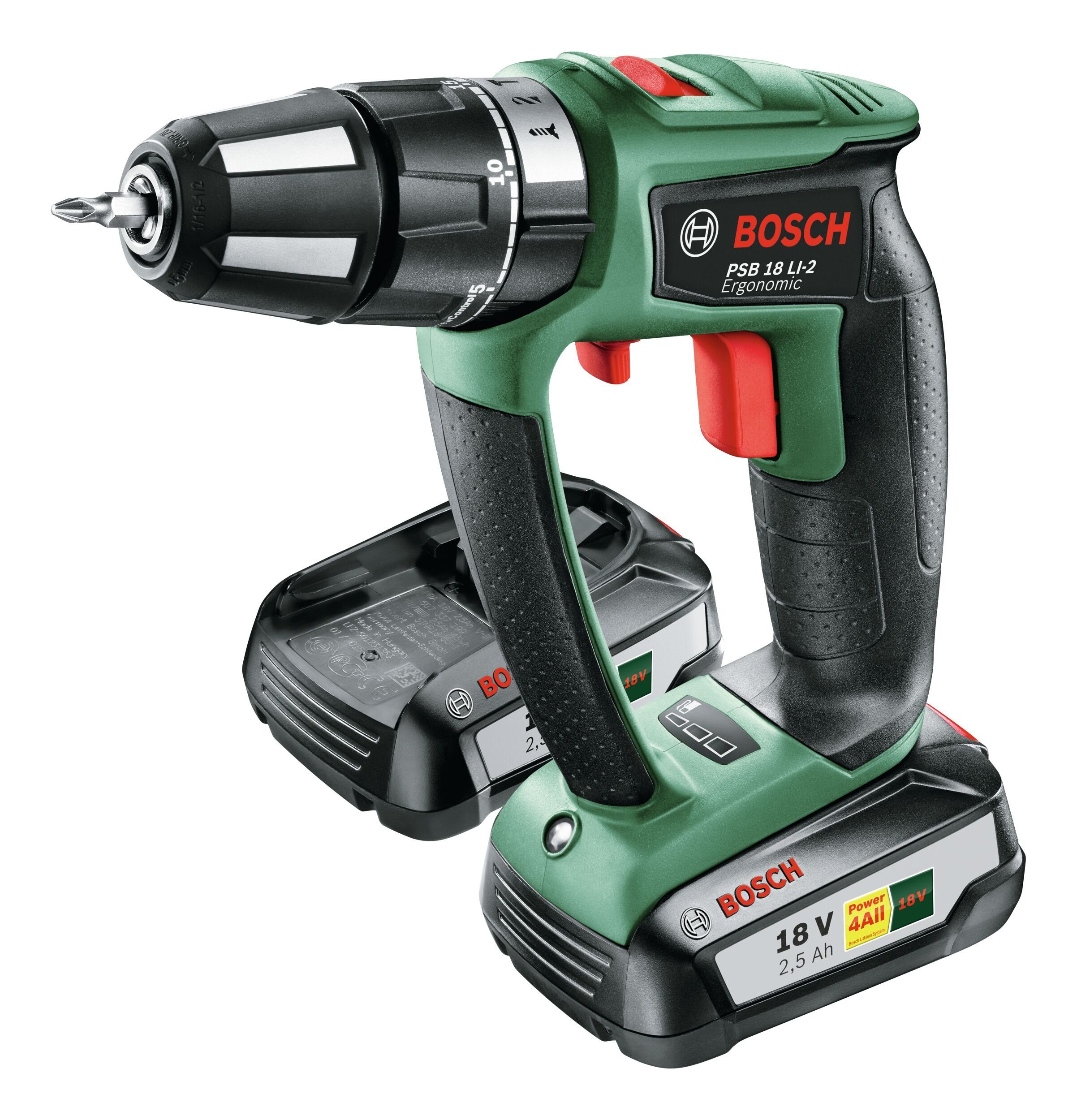 Bosch Home & Garden Akku-Schlagbohrschrauber PSB 18 LI-2, 18 V, Ergonomic mit 2 x / 2,5 Ah Akku - im Kunststoffkoffer