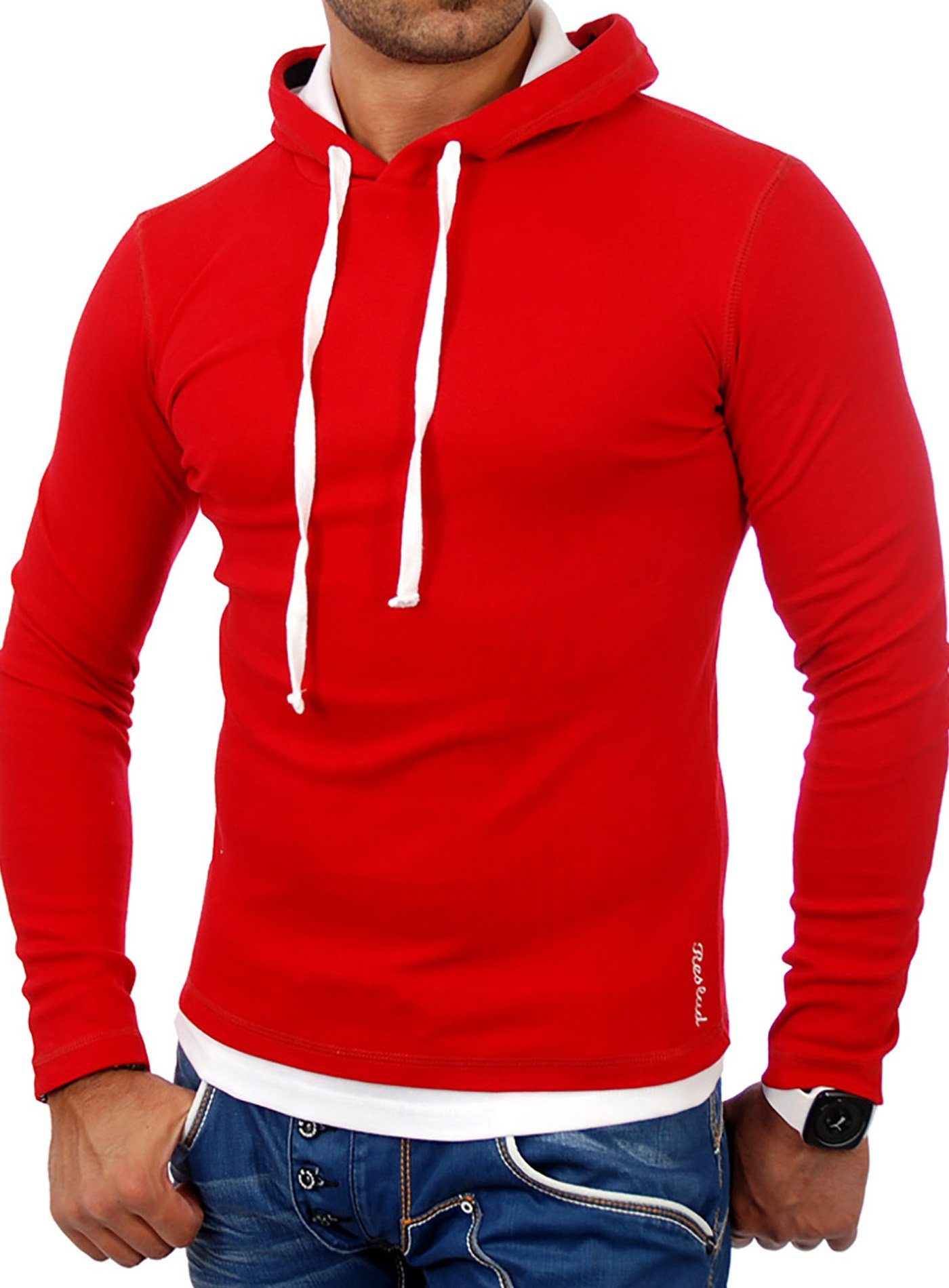 Reslad Sweatshirt Reslad Herren Kapuzen Sweatshirt RS-1003 (1-tlg) Kapuzensweatshirt Layer-Look rot-weiß