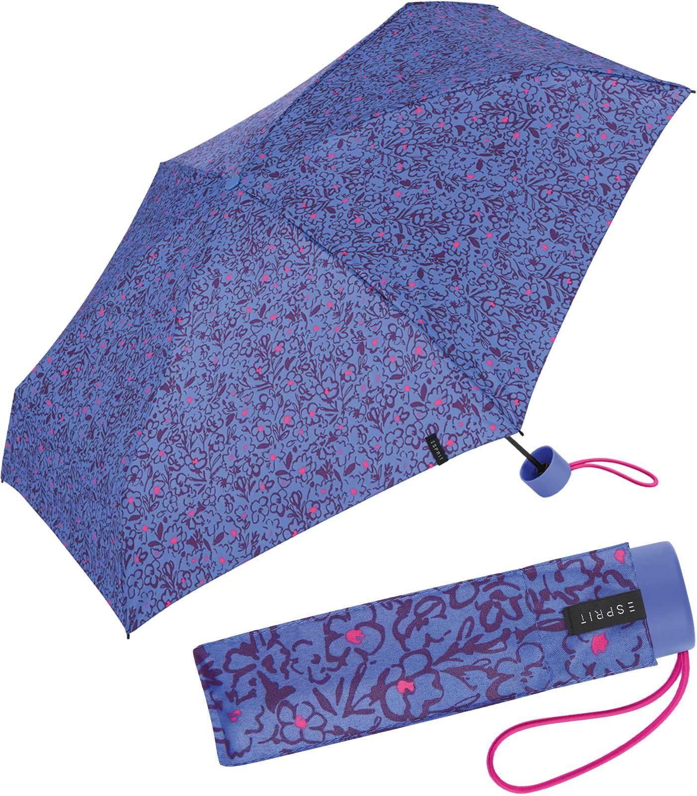 Esprit Taschenregenschirm Damen Super Mini Petito - Scribbled Romance, mit romantischem Blüten-Muster blau