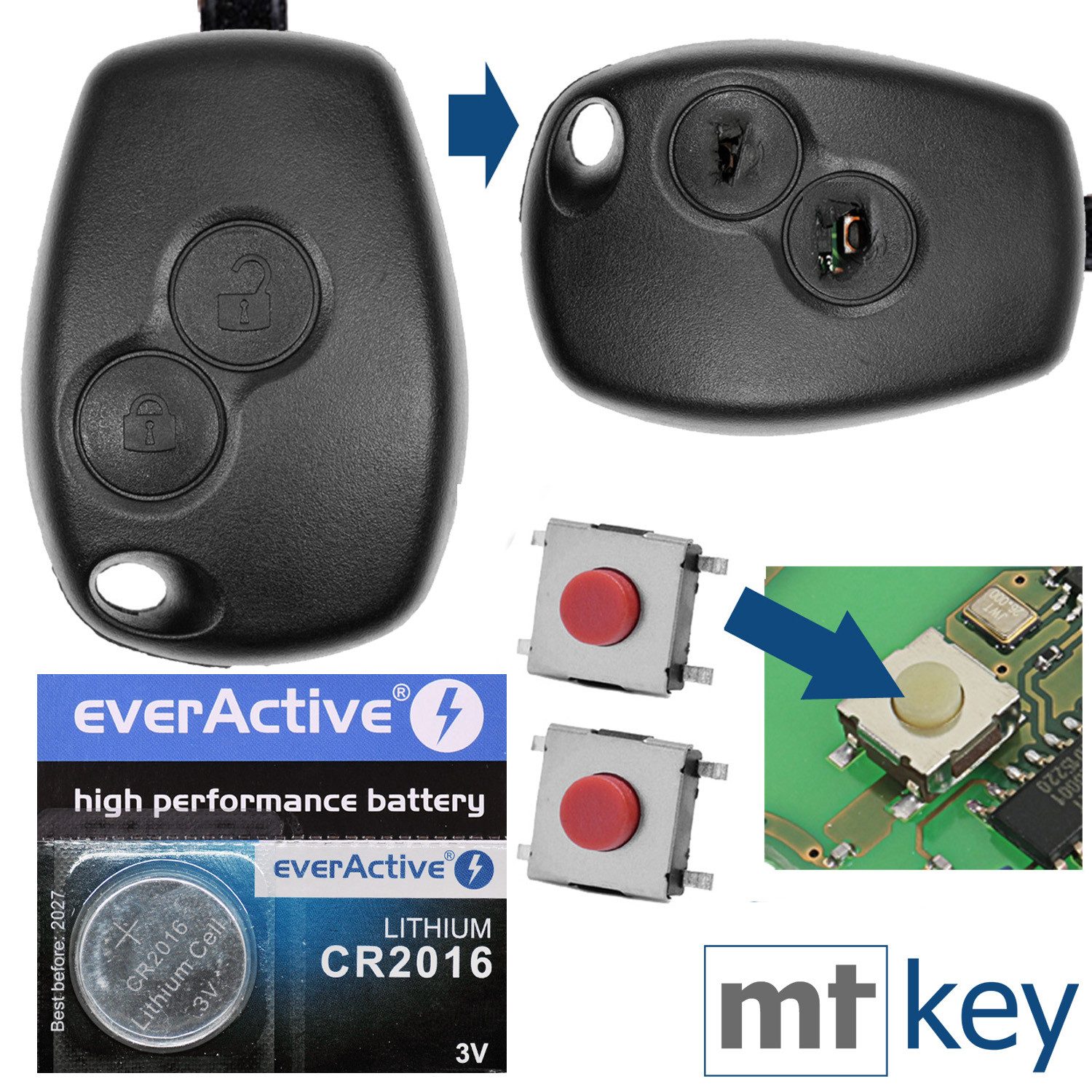 mt-key Auto Schlüssel Ersatz Gehäuse 2 Tasten + 2X Mikrotaster + 1x CR2016 Knopfzelle, CR2016 (3 V), für Renault Dacia DOKKER SANDERO DUSTER Funk Fernbedienung