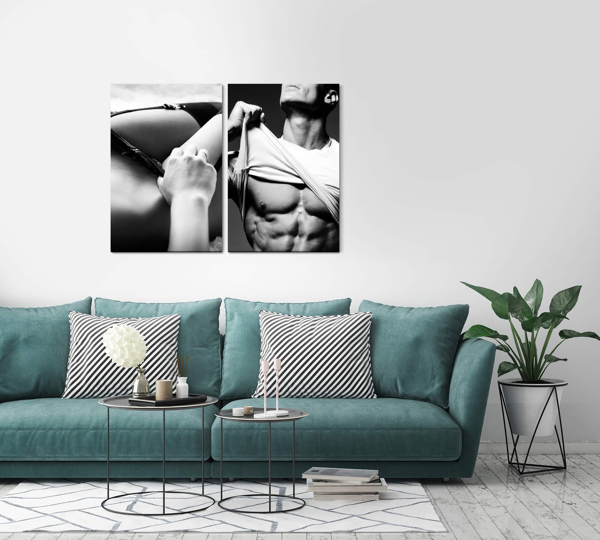Sinus Art Leinwandbild 2 Bilder je 60x90cm Sexy Aktfotografie Dessous Schwaz Weiß Muskulös Erotisch Prickelnd