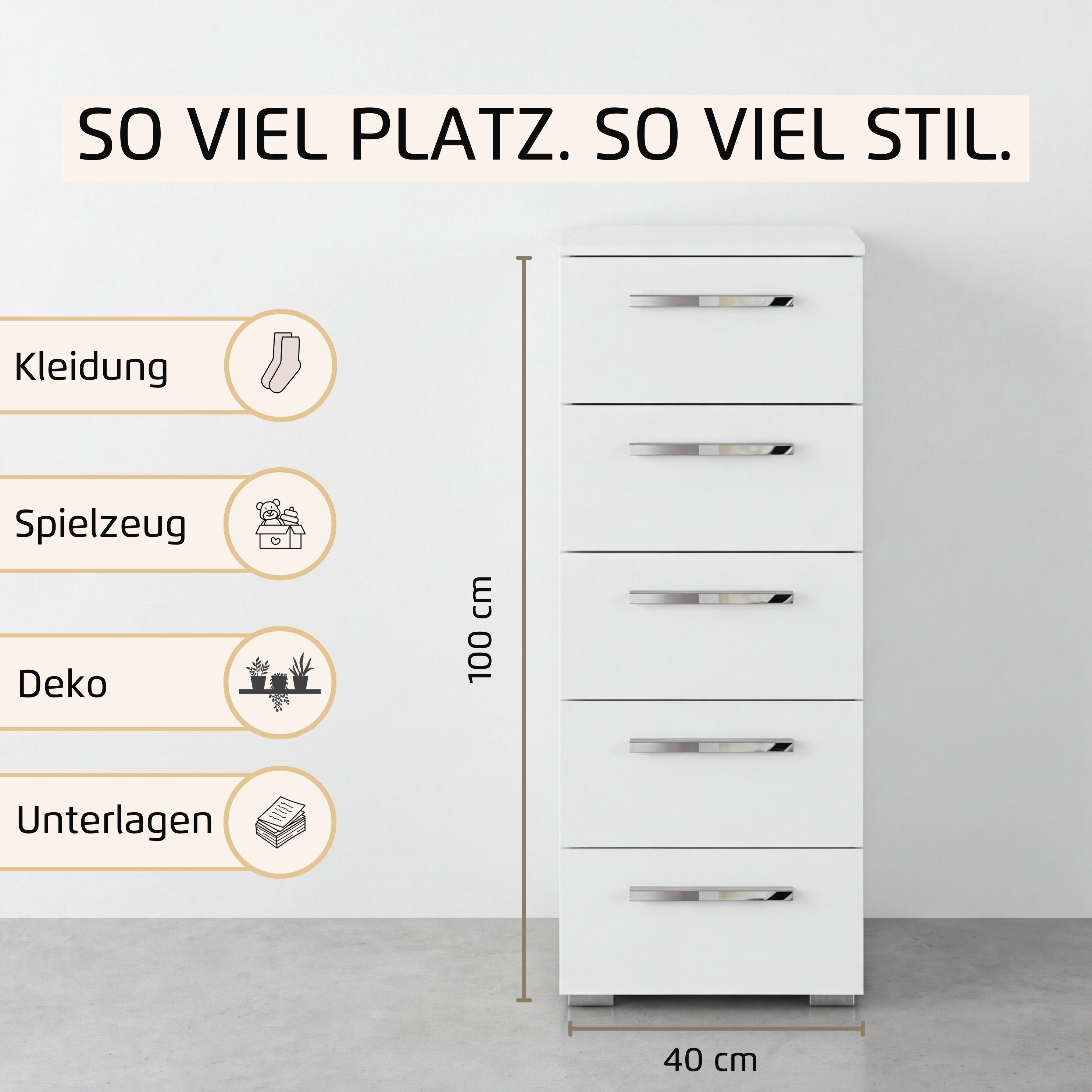 rauch Schubkastenkommode Highboard Sideboard Kommode MONTCLAR Frontauswahl Dekor/Hochglanz/Glas (in 2 Breiten: 40 oder 80 cm / Höhe 100 cm, inkl. Soft-Close-Funktion), mit 5 geräumigen Schubladen, viele Griffvarianten MADE IN GERMANY
