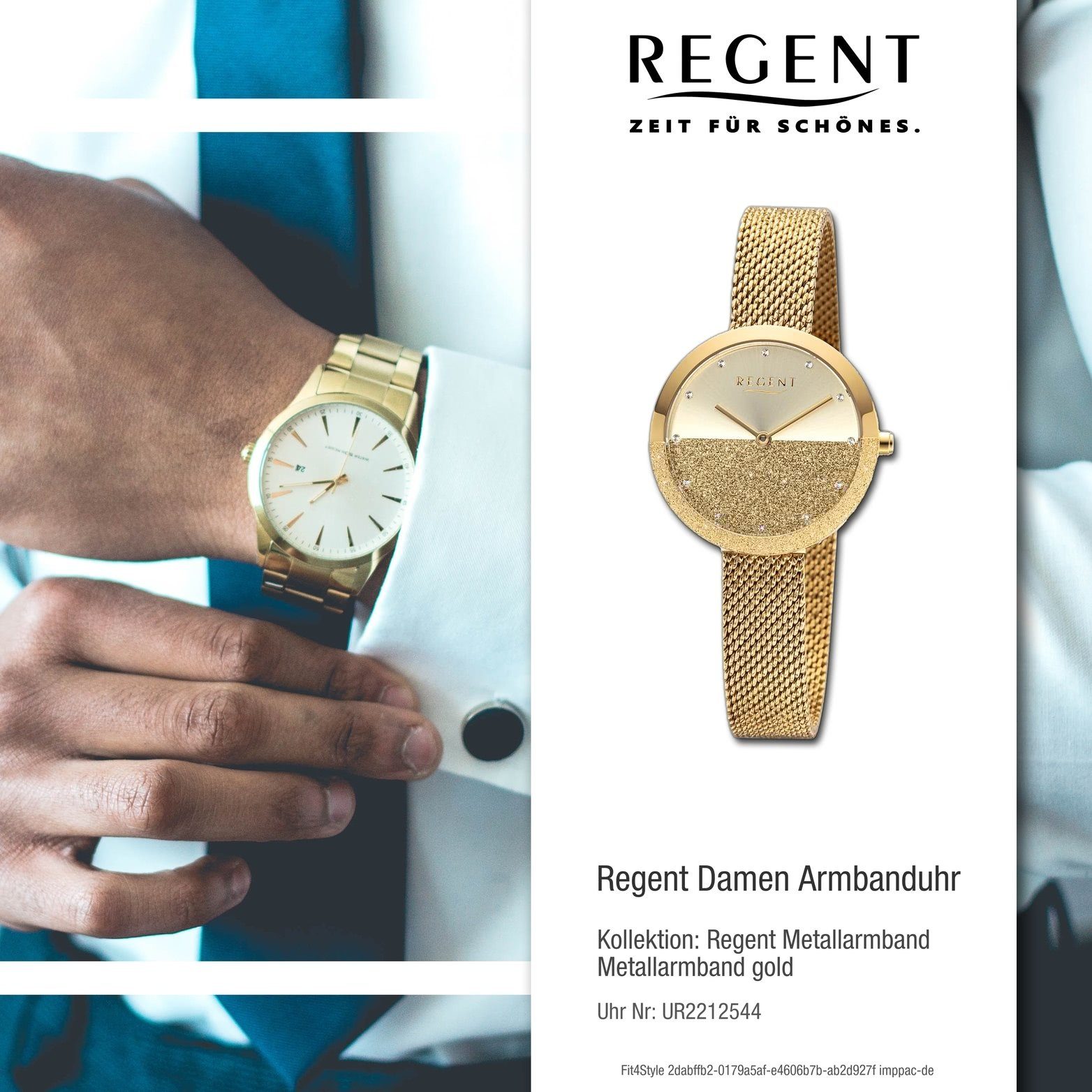 Metallarmband Quarzuhr Analog, gold, extra (ca. Damen groß rundes Gehäuse, Regent Regent 32mm) Armbanduhr Damenuhr