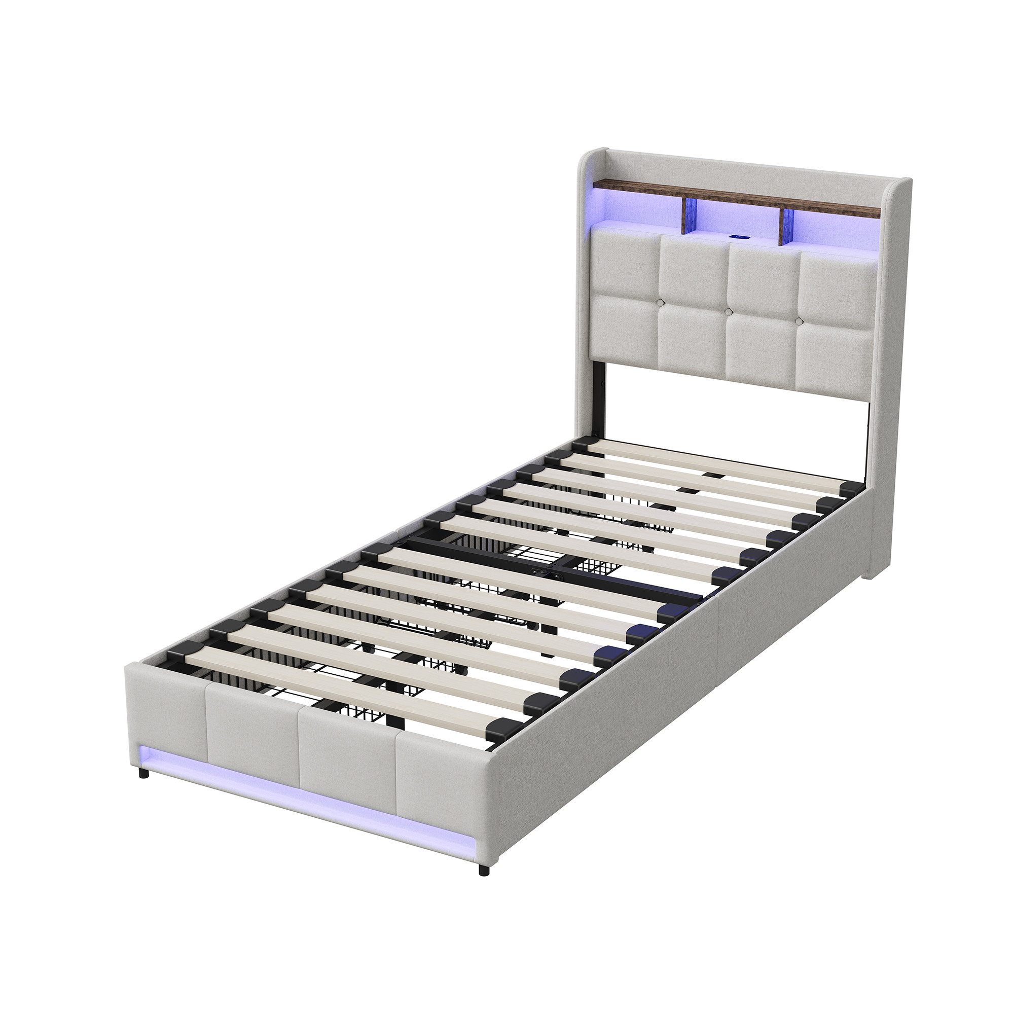Furnishings Home Polsterbett 90x200 cm, LED Stauraumbett Jugendbett (1-tlg., Leinenmaterial, Komforthöhe, Leises Design Bett), Mit Ladefunktion und 2 Schubladen – Bild 4 von 5