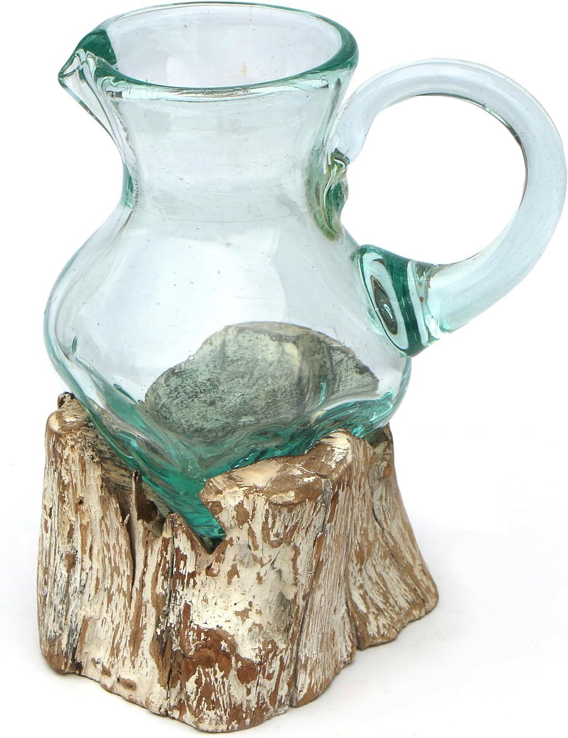 Wogeka Wasserkrug Glas-Krug auf weißem Wurzelholz Kanne Teakholz Gamal Bali Vase