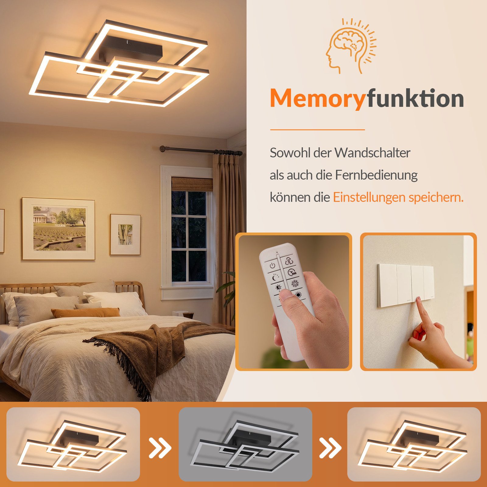 ZMH LED Deckenleuchte Modern Eckig Design LED Deckenlampe Dimmbar mit Fernbedienung, Memory, LED fest integriert, Warmweiß-Neutralweiß-Kaltweiß, Stufenloses Dimmbar
