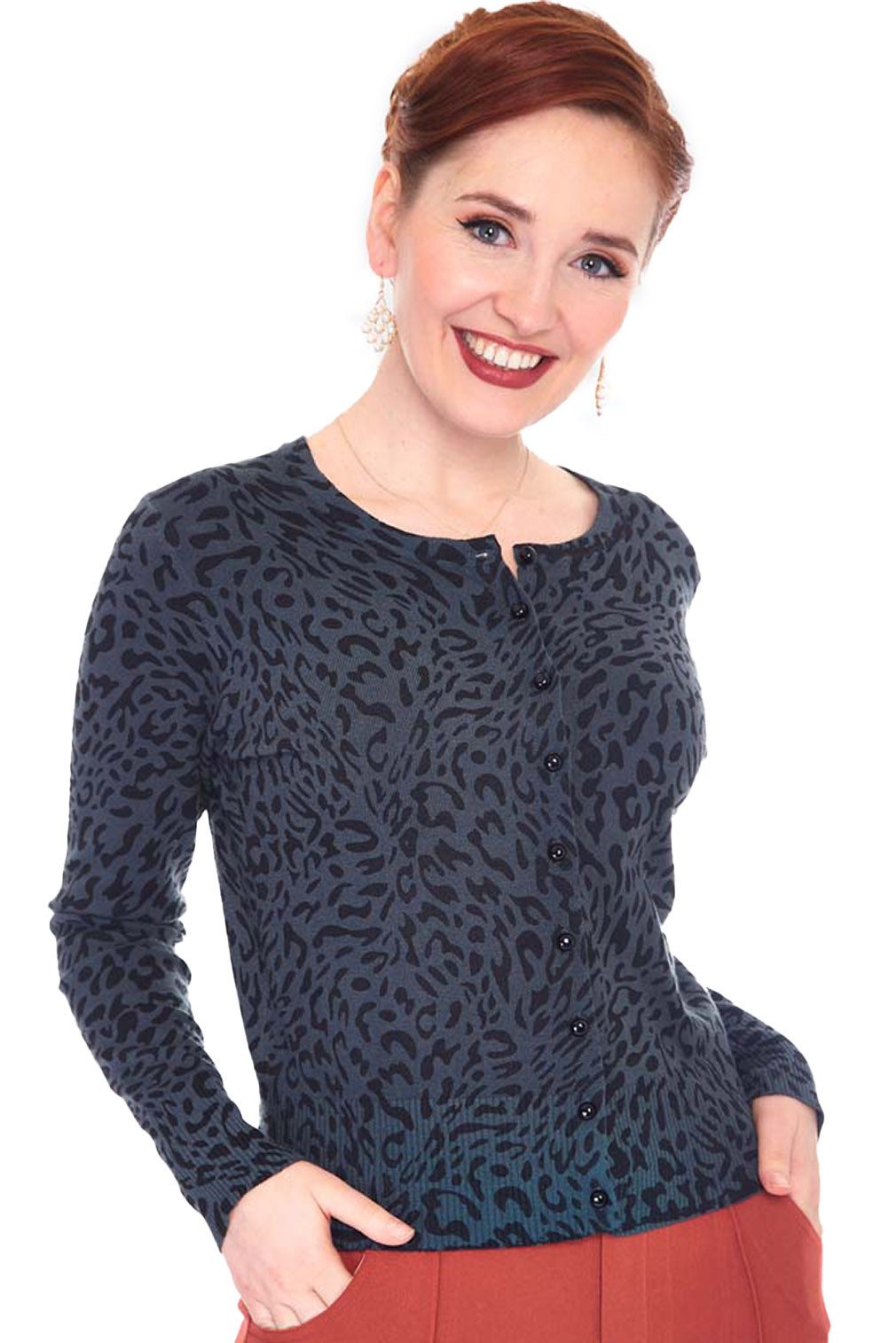 Voodoo Vixen Strickjacke 50s Grey Leopard Print Retro Vintage Cardigan Leop günstig online kaufen