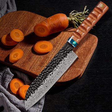 KingLux Santokumesser Damast Santokumesser Küchenmesser aus VG10 Damaststahl Holzgriff
