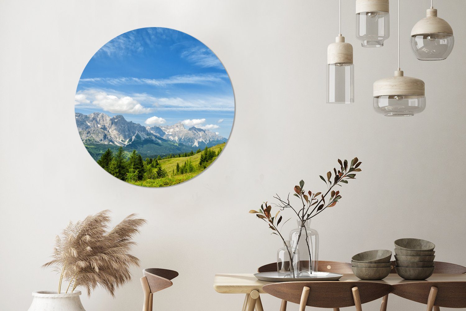 MuchoWow Gemälde Alpen - Berge - Gras, Fotodruck (1 St), Rundes wandbild für Wohnzimmer, Wandkreis, 90x90 cm