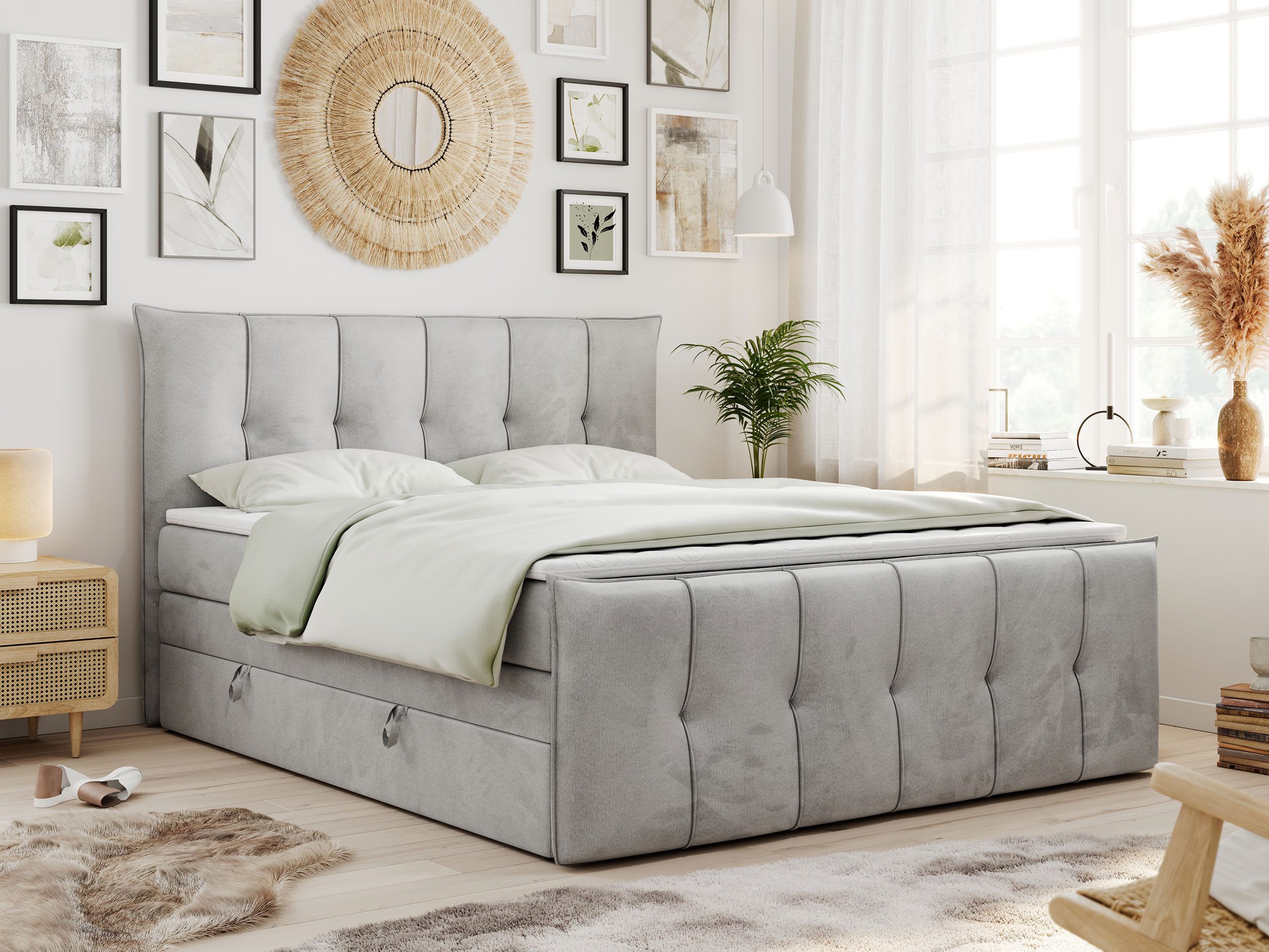 MKS MÖBEL Boxspringbett PREMIUM 11 KING (Set, Packung, T30-Schaum, Topper T25/Visco, gestepptes Kopfteil), Bettkasten und fünf Matratzen - Multipocket-Matratzen und Topper