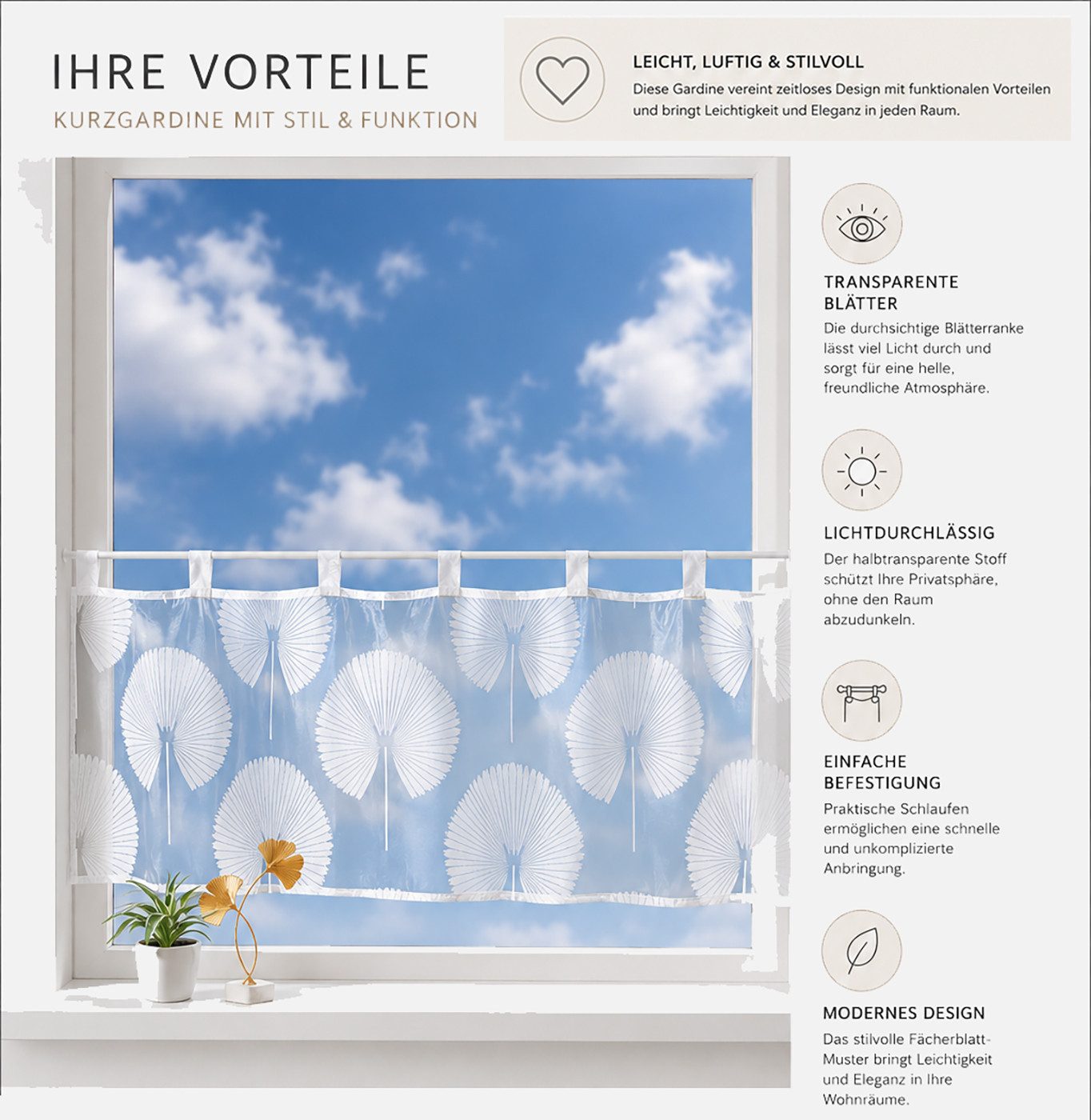 heimtexland Scheibengardine Ausbrenner Gardine durchscheinend Bistrogardine (1 St), Schlaufen, transparent, 2-Schicht-Gewebe, Fensterdeko I natur I Fächerpalme