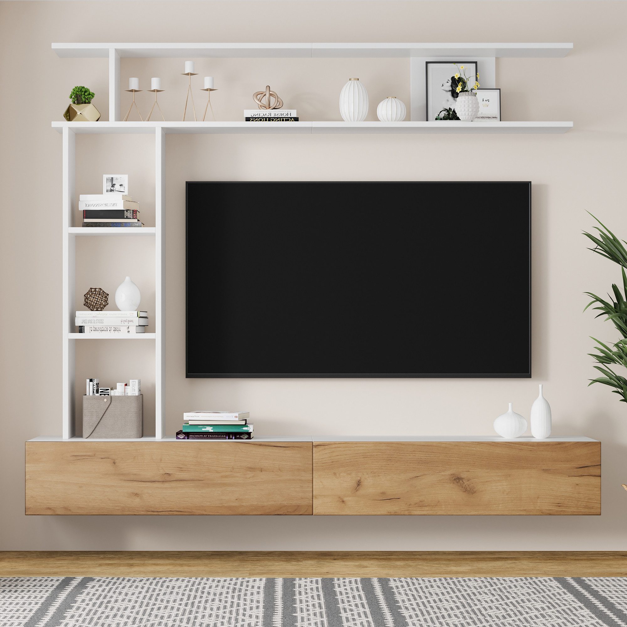 OKWISH Wohnzimmer-Set TV Wohnwand-set, stehend oder hängend, (Wohnzimmermöbel-Set, 1-St., TV-Board, Standregal und Wandregal), für TV bis 80 Zoll, 180*35*22.5cm