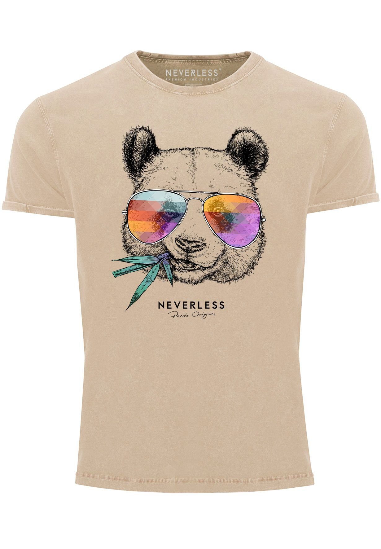 Neverless mit Aufdruck Printshirt Bär T-Shirt Vintage Print-Shirt Shirt Print F Tiermotiv Herren Panda