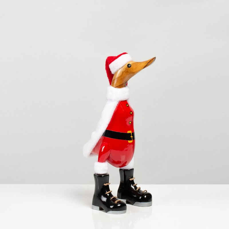 Rikmani Dekofigur »Santa Ente Weihnachten - Handgefertigte Dekoration aus Holz Geschenk Figur« (3er-Set), Kopf: Teak - Körper: Bambus - Beine: Teak - Schuhe: Mahagoni