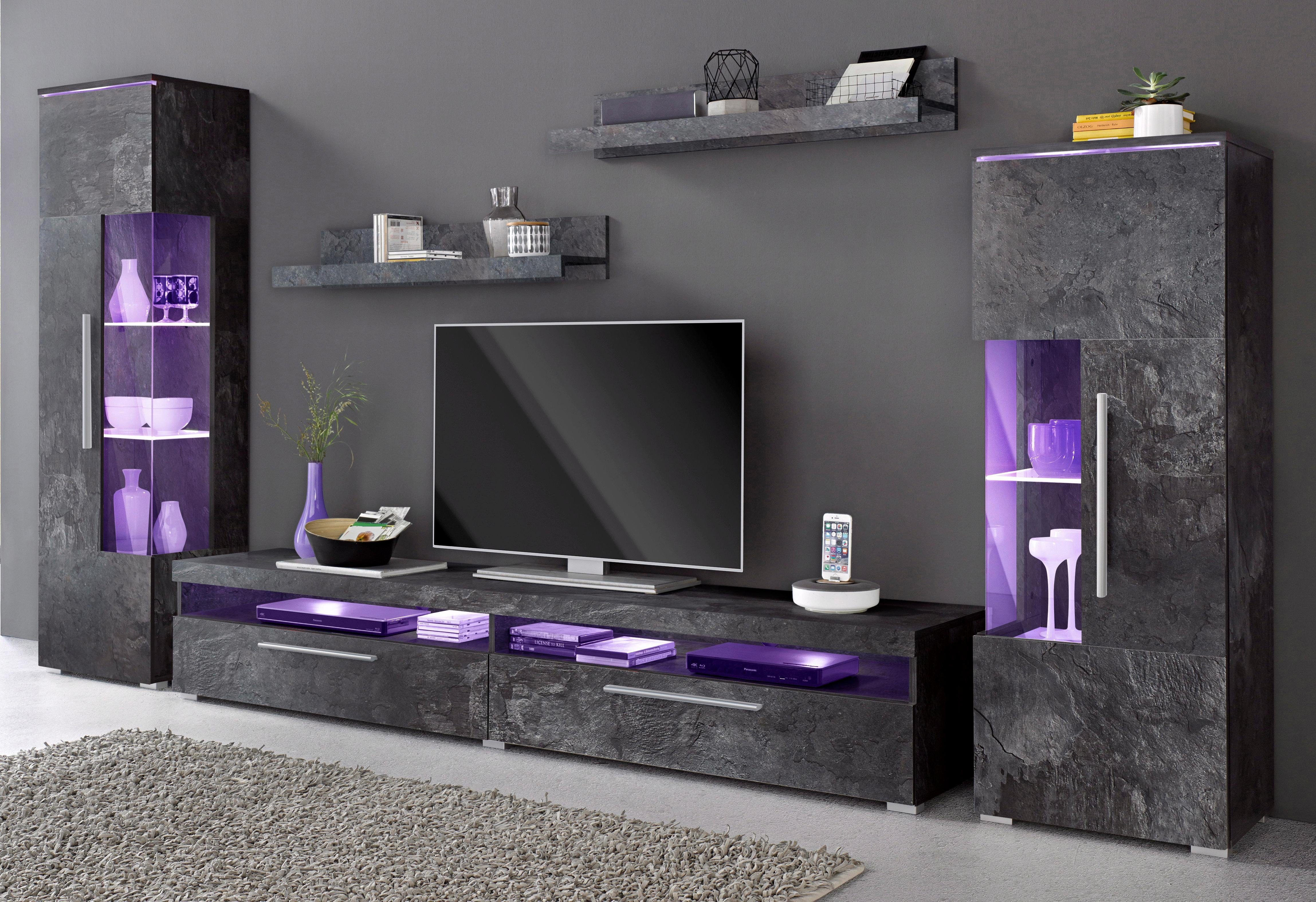 OTTO home Wohnwand India,Breite 290cm moderne Mediawand ohne Beleuchtung, (Set, 5-St., fdete), Anbuwand (Set,5-St, 2xVitrine, 1TV-Schrank, 2xWandregal) viel Stauraum