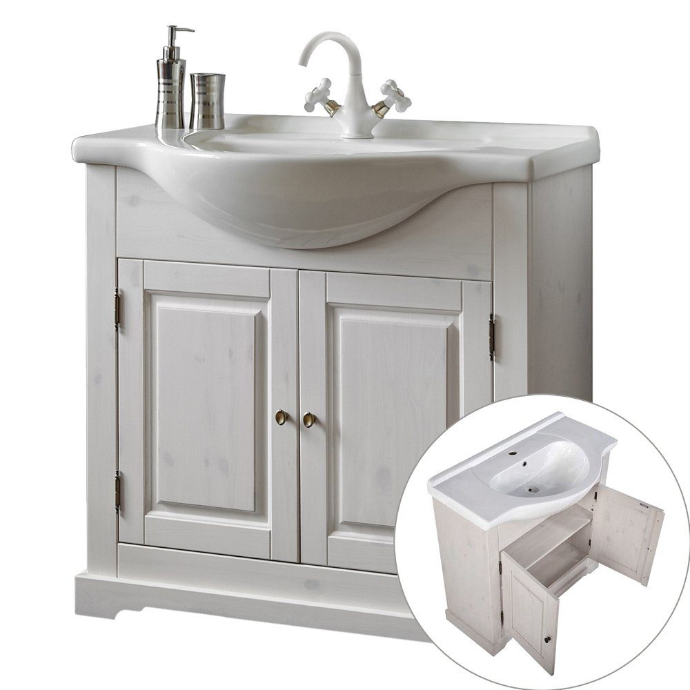 (6-St), Hochschrank Waschtischunterschrank Badschrank weiß Badmöbel-Set Spiegel LIRIA-56, Lomadox Massiv