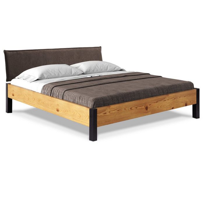 Moebel-Eins Massivholzbett CURBY Bett Metallfuß mit Polsterkopfteil Material Massivholz rustikale Altholzoptik Fichte