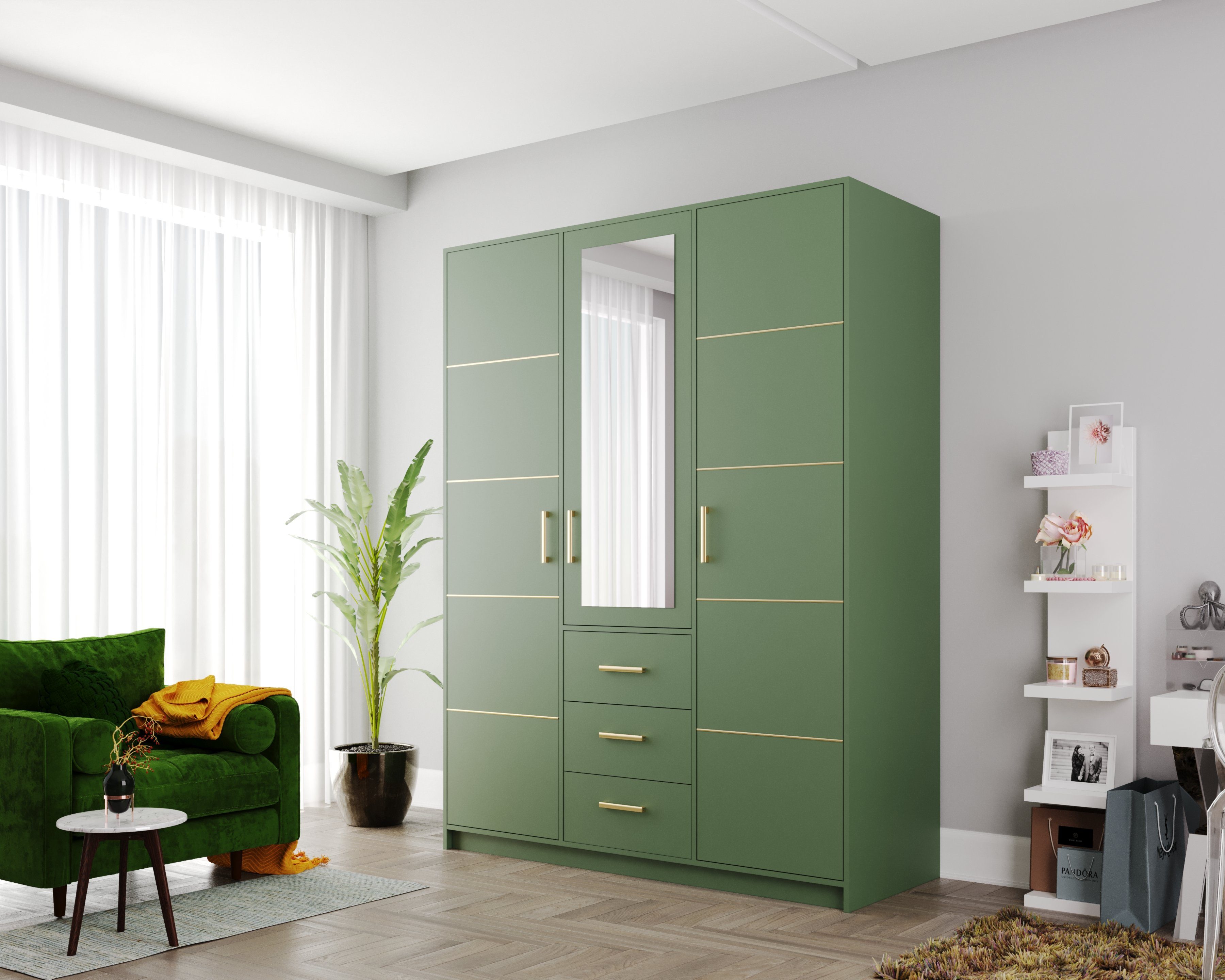 Beautysofa Kleiderschrank Kleiderschrank mit Spiegel BALID D3, Schrank 150 cm breite, Garderobenschrank mit 3 Schubladen grün