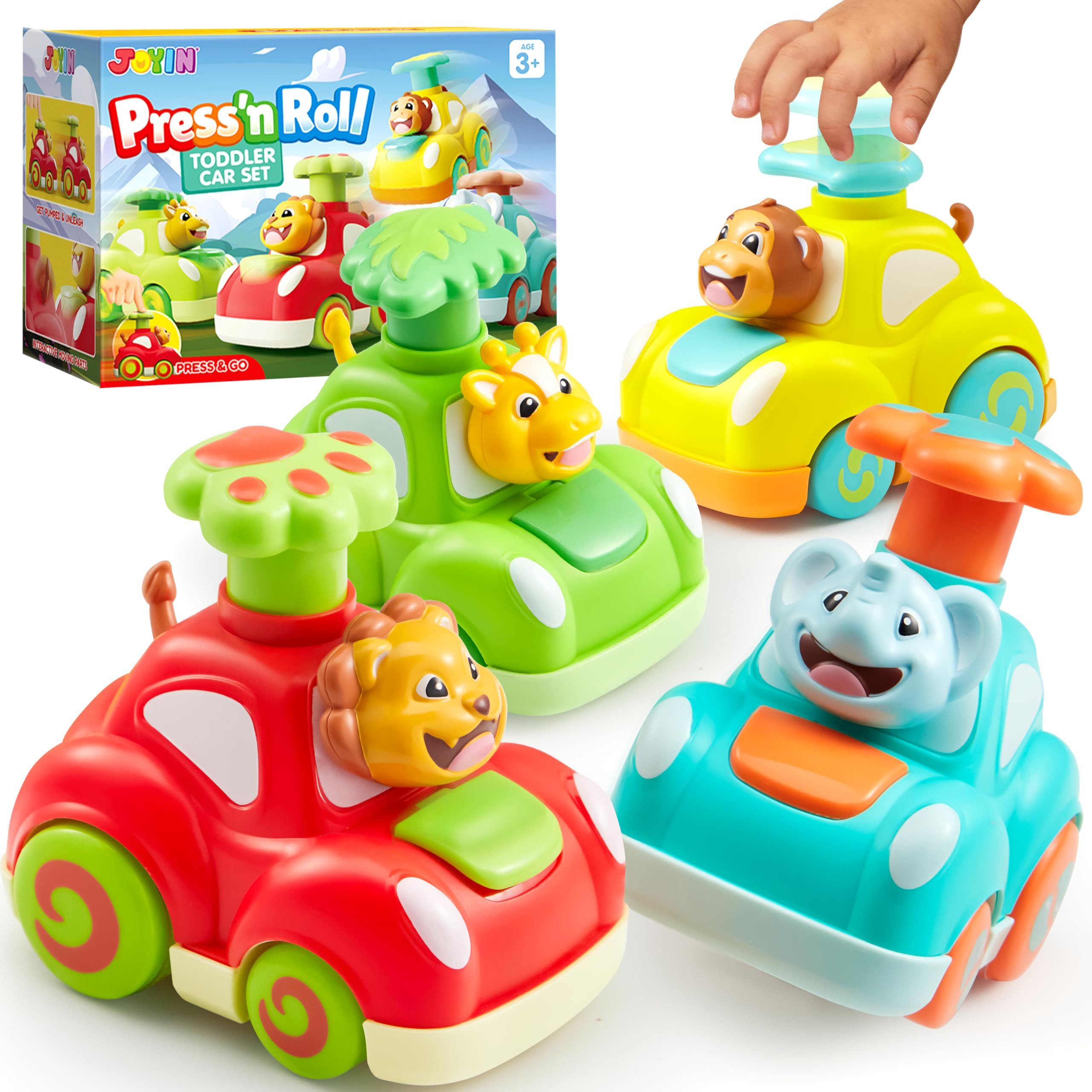 JOYIN Spielzeug-Auto JOYIN Spielzeugautos ab 3 Jahre Jungen Press & Go Tier-Babyauto Set, (4-tlg)