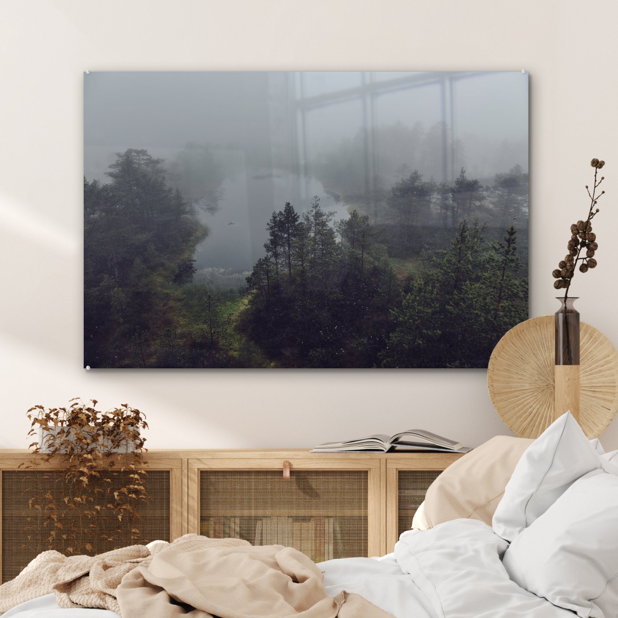 des (1 den Nebel und Nationalparks, Wohnzimmer Sumpfgebiet Acrylglasbilder über dem MuchoWow estnischen Acrylglasbild Bäumen & St), Schlafzimmer