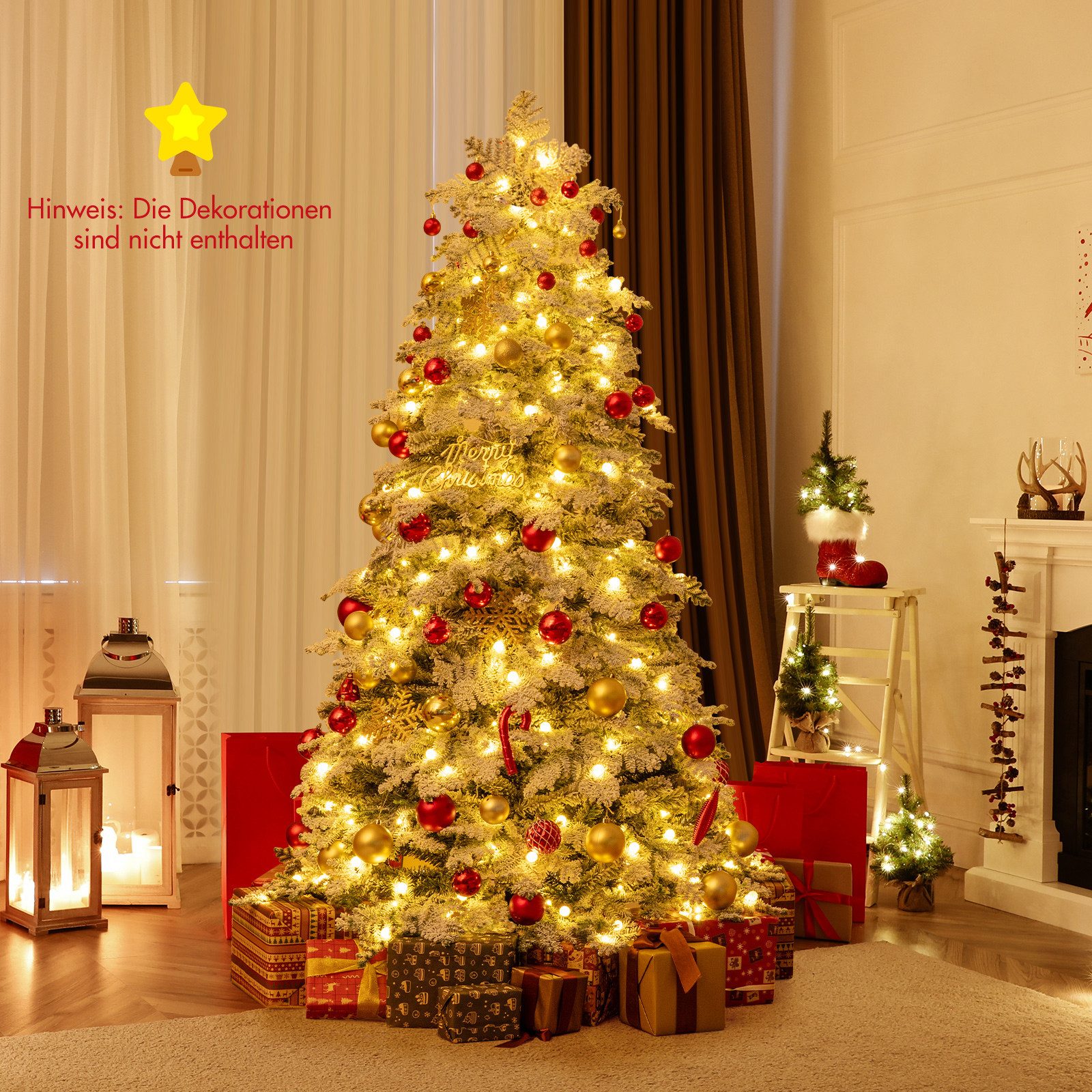 COSTWAY Künstlicher Weihnachtsbaum, 180cm mit Schnee, 130 Kugeln, 260 LEDs
