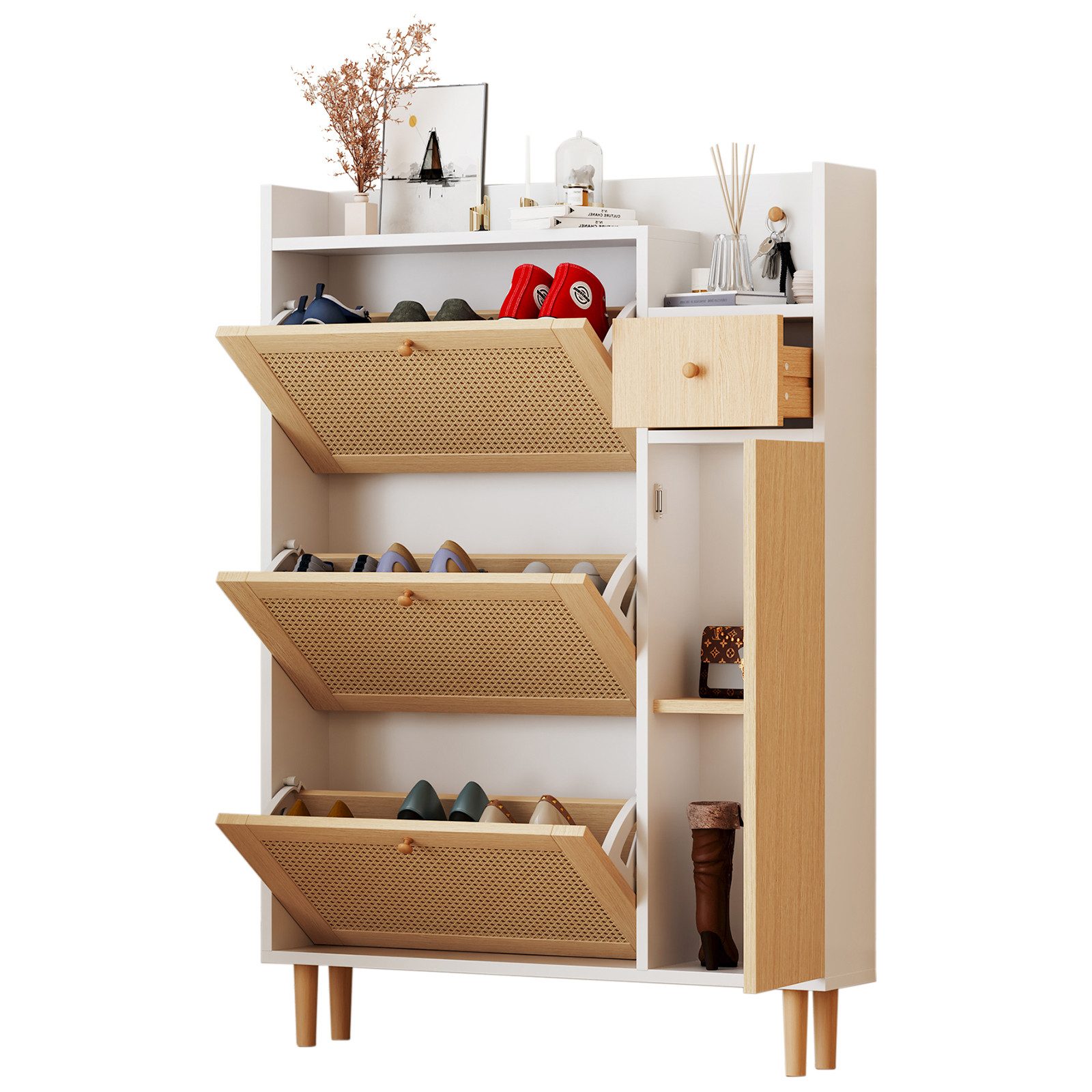 Yorbay Schuhschrank mit 3 Klappen, 1 Schublade, 1 Tür, mit Rattan-Design, 90x17x125cm Schuhregal, Schuhkipper für Flure, Schlafzimmer, kleine Wohnung