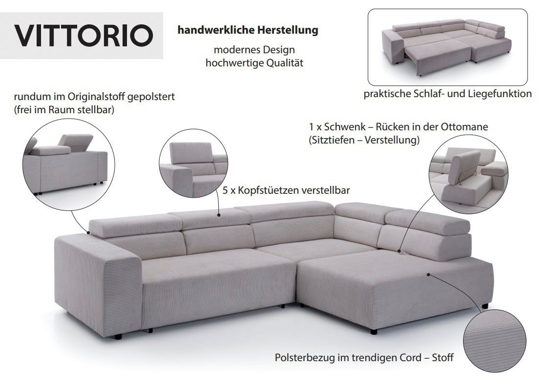 exxpo - sofa fashion Ecksofa VITTORIO mit Komfortfunktionen, bequem und modern, Cord, L-Form, inkl. Kopfteil- und Sitztiefenverstellung, wahlweise mit Bettfunktion