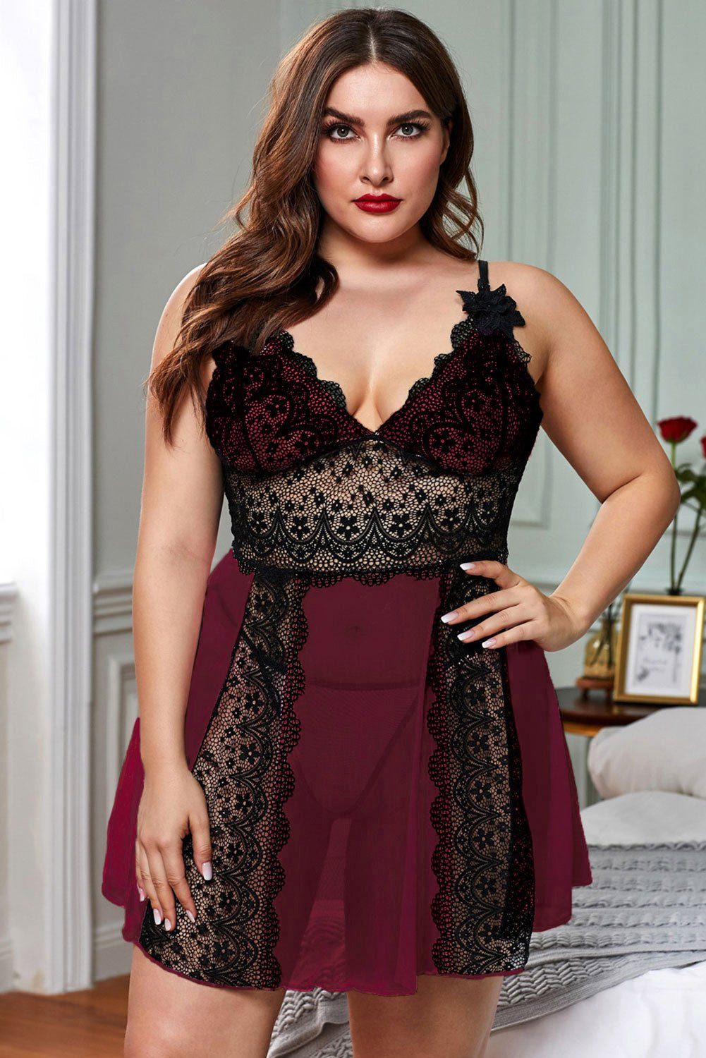 Organza Lingerie Negligé (Negligé + String) Plus Size mit toller Passform und Spitzendetails, Dessous große Größen