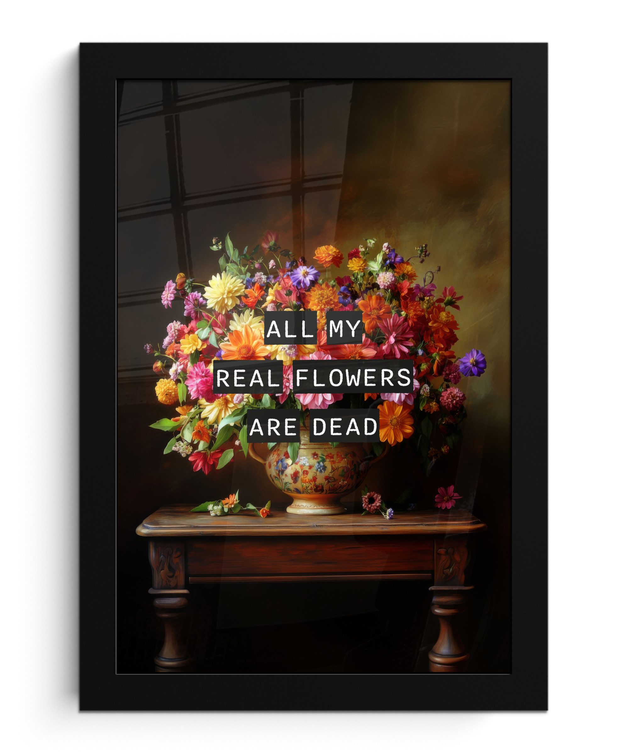 MuchoWow Poster Farbe - Blumen - Vintage - Blumenvase, (1 St), Bilderrahmen, Zimmer Deko, Bild für Wohnzimmer, 20x30 cm
