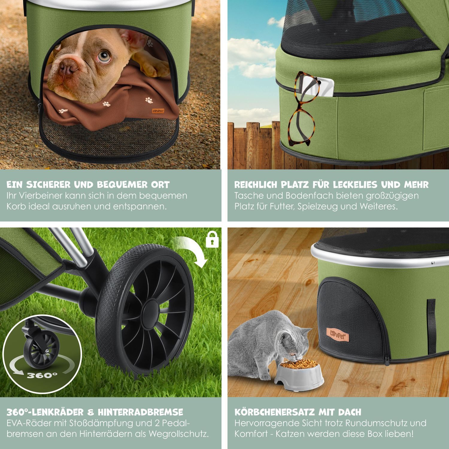 Lovpet Hundebuggy 3in1 Hundewagen max. bis 20kg Buggy für Haustiere, (Hundebox & Tasche mit Regenschutzabdeckung Getränkehalter Kuscheldecke), Haustier- & Katzenbuggy faltbar & klappbar, Große Räder & Netzfenster