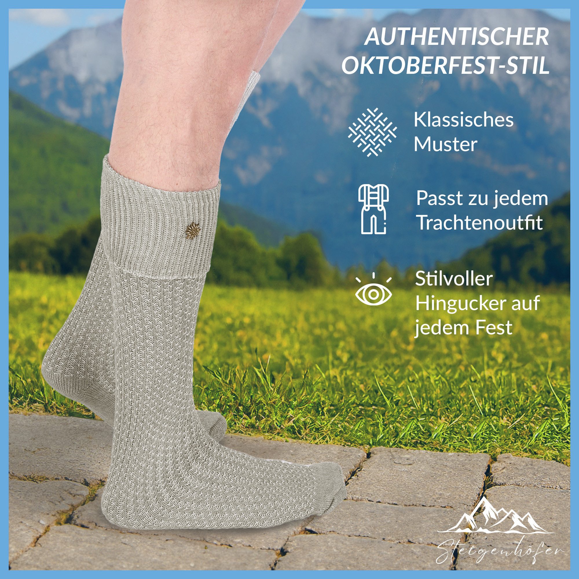 Steigenhöfer Manufaktur Trachtensocken für Herren und Damen – Socken mit Zopfmuster und Edelweißanstecker Oktoberfest Strümpfe aus Baumwolle für Männer & Frauen