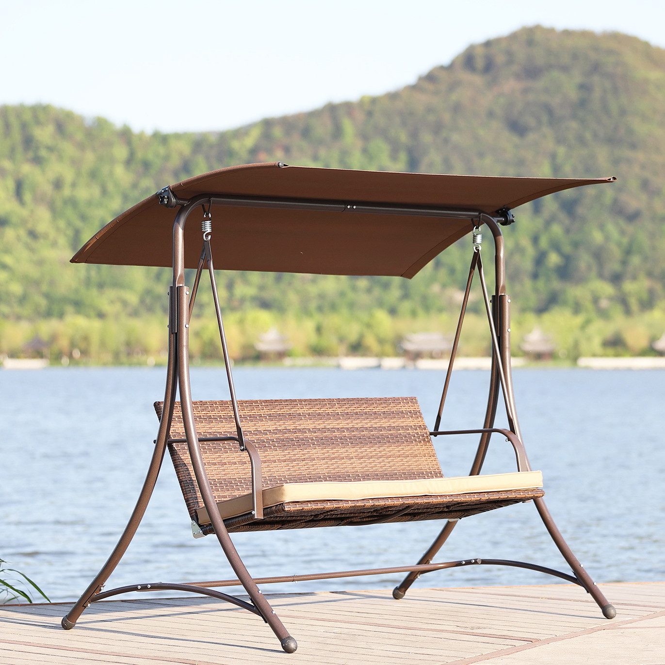 Angel Living Hollywoodschaukel Gartenschaukel Rattan 3 Sitzer mit