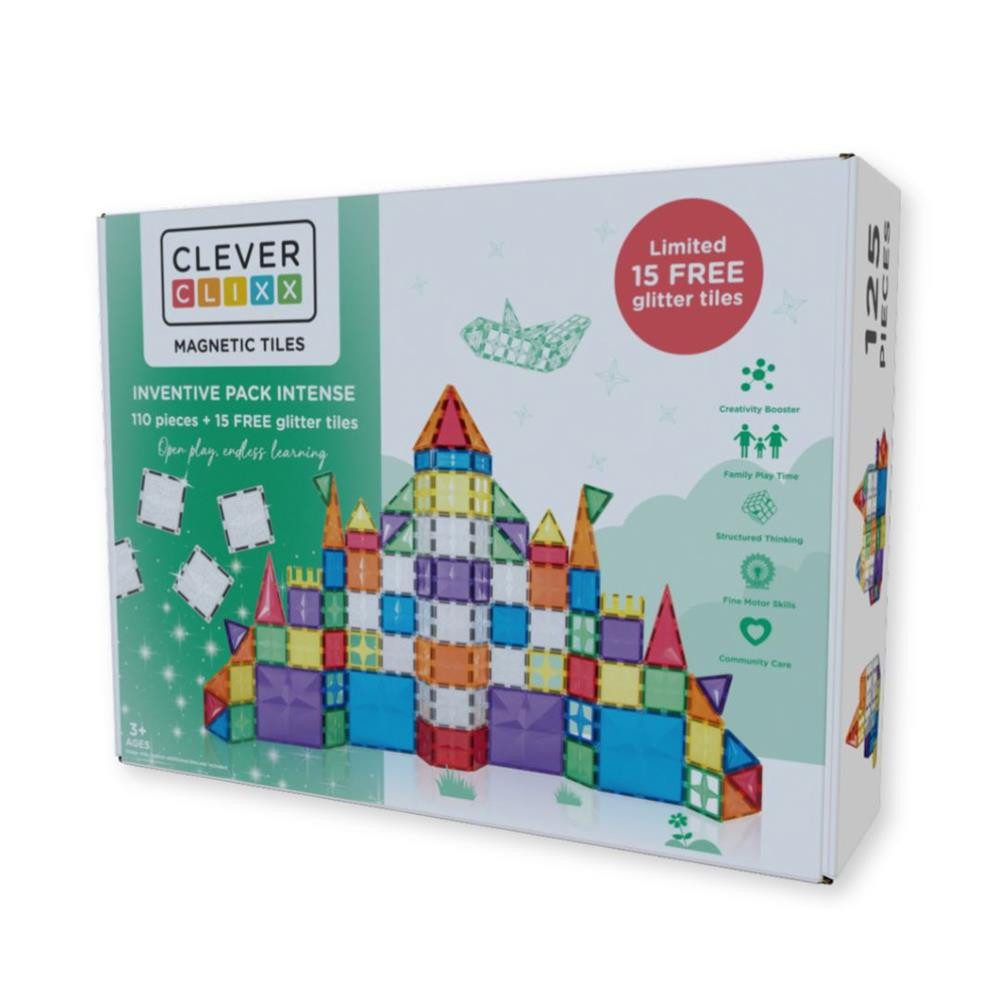 Cleverclixx Cleverclixx Inventive Pack Intense – 110 Teile + 15 GRATIS Magnetspielbausteine, langlebiges Magnetspielzeug, robuste Bauweise, erweiterbare Sets