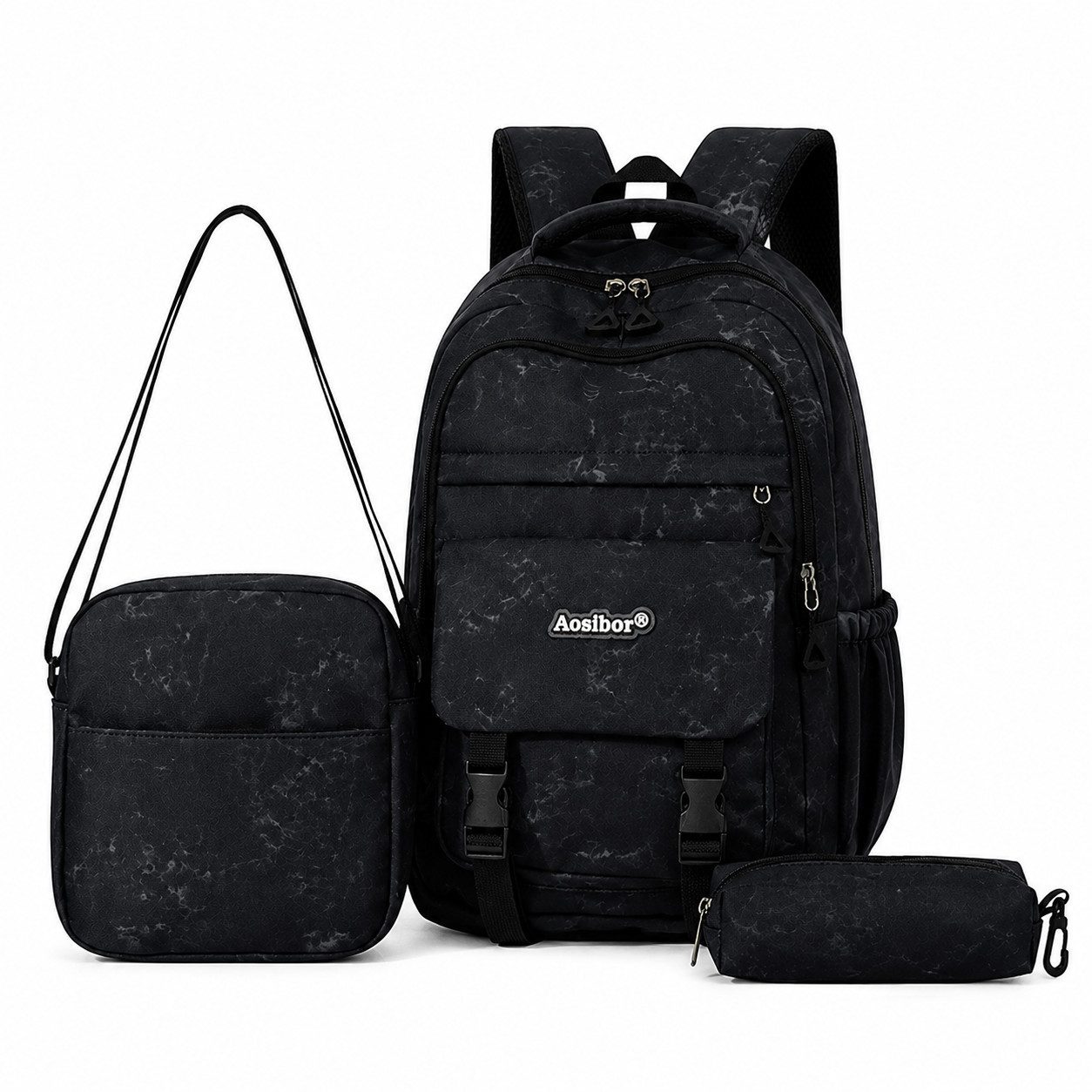 Toomoke Schulrucksack 3tlg Rucksack Set mit Umhängetasche Federmäppchen Schulrucksack (Vielseitiges Taschen Set, mit großem Stauraum, mehreren Fächern und modernem Marmordesign), für Schule, Arbeit und Freizeit