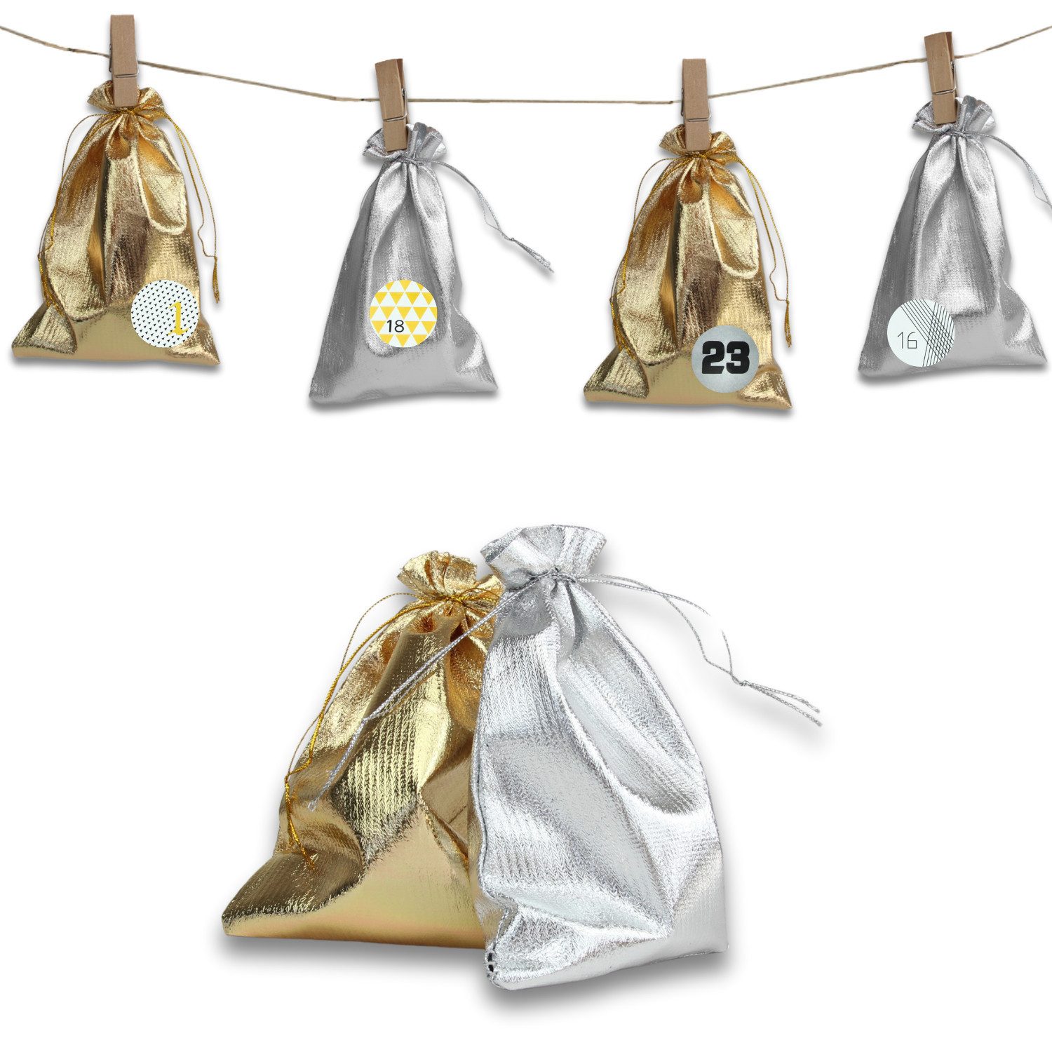 Fomax DIY-Adventskalender zum Selbstbasteln, silberne & goldene Säckchen, Modernes Design, selber befüllen