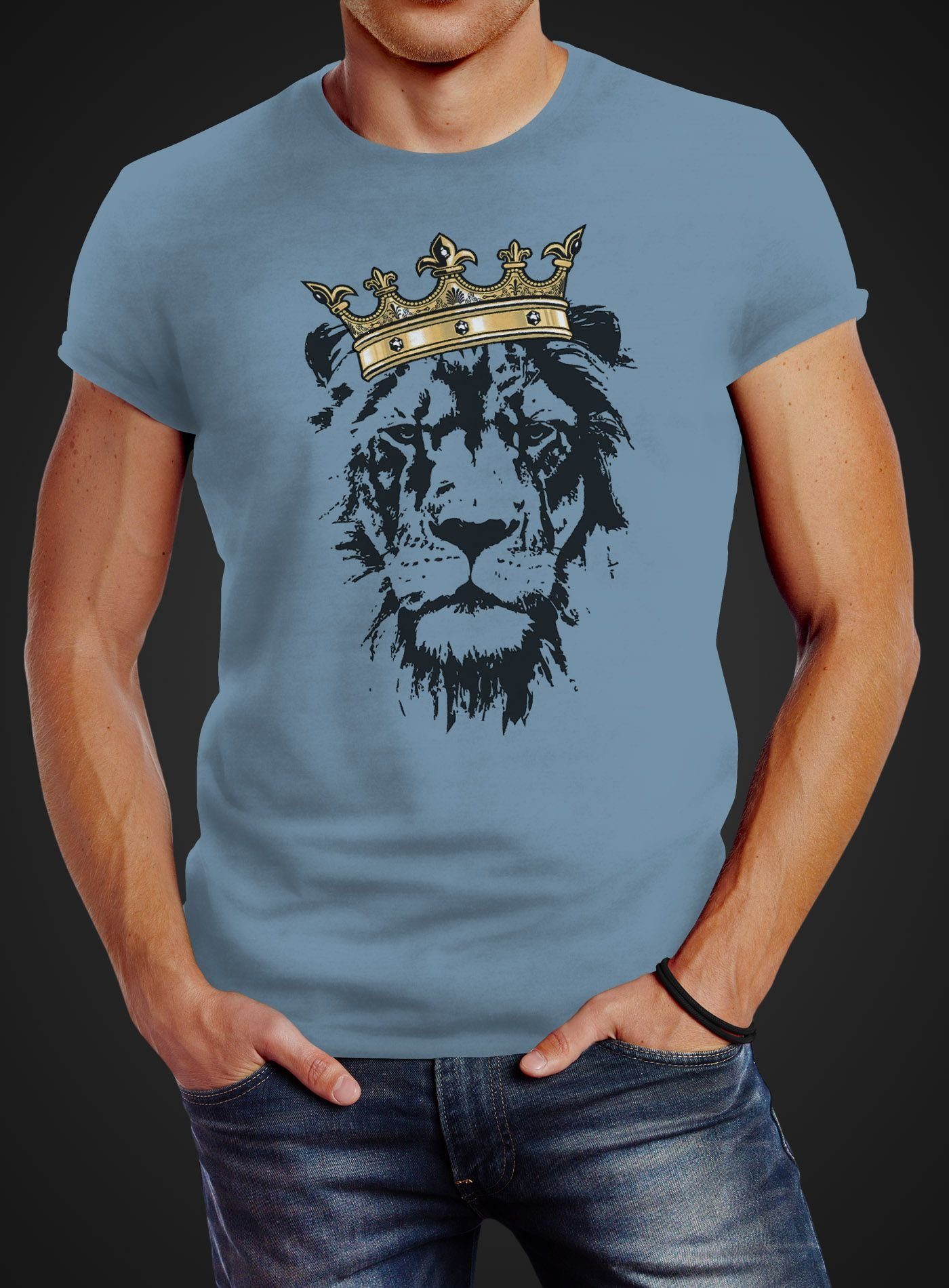 Neverless Print-Shirt Herren Fit mit T-Shirt Tiere Krone Slim Neverless® der blau König Print Löwen-Kopf mit