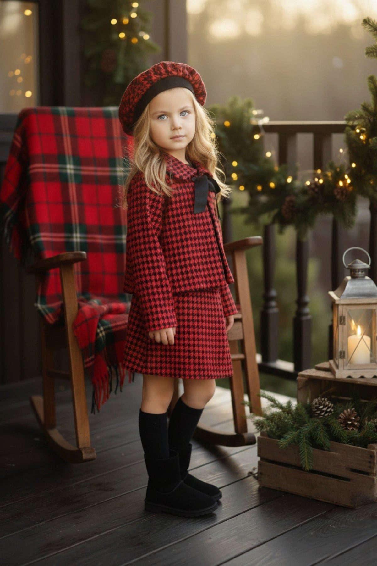 Parla Kids Shirt & Rock Blazer, Rock und Mütze mit schwarz und rotem Hahnentritt-Muster