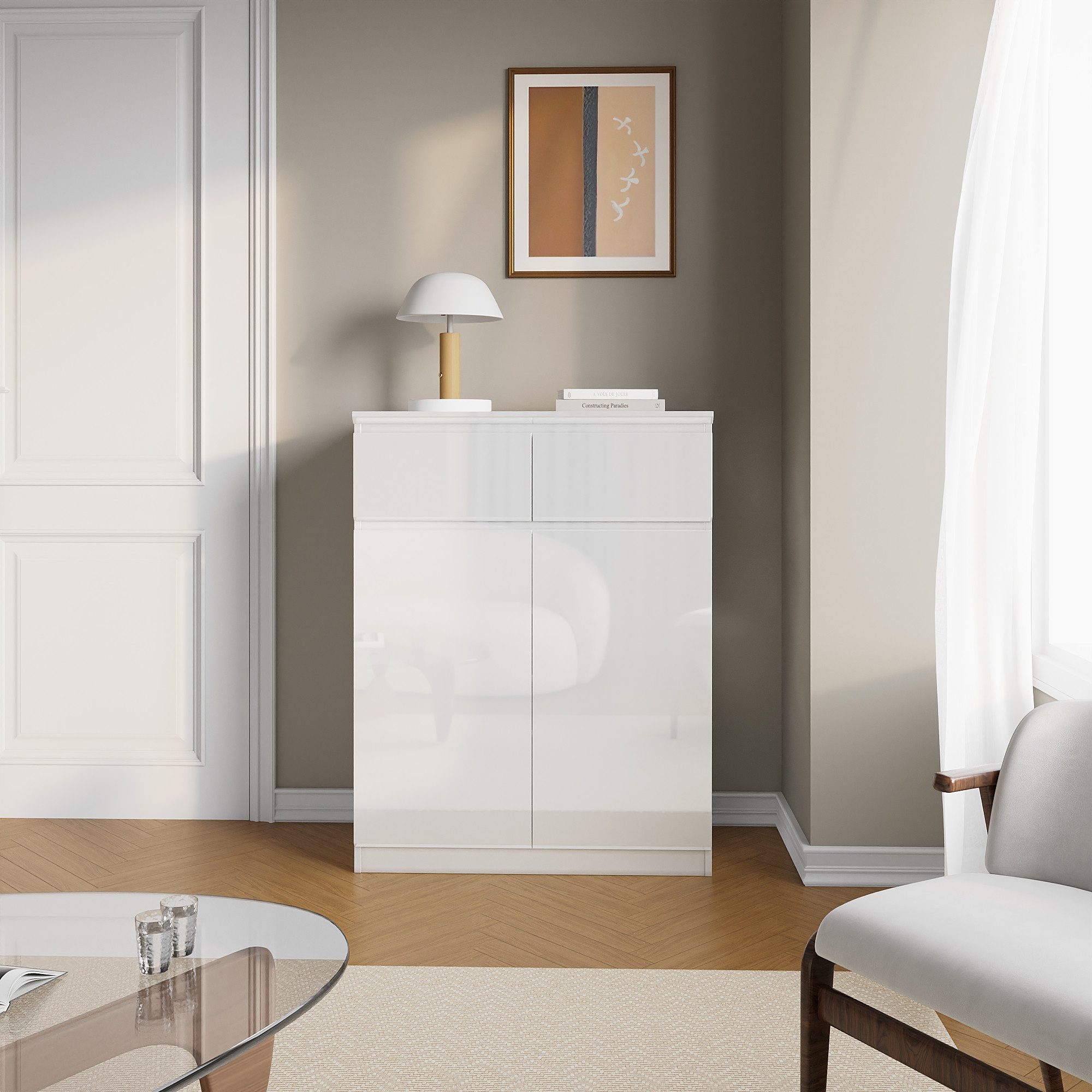 FUFU&GAGA Kommode Weiße Hochglanz-Kommode, Sideboard mit Schubladen, MDF, 3 Größen