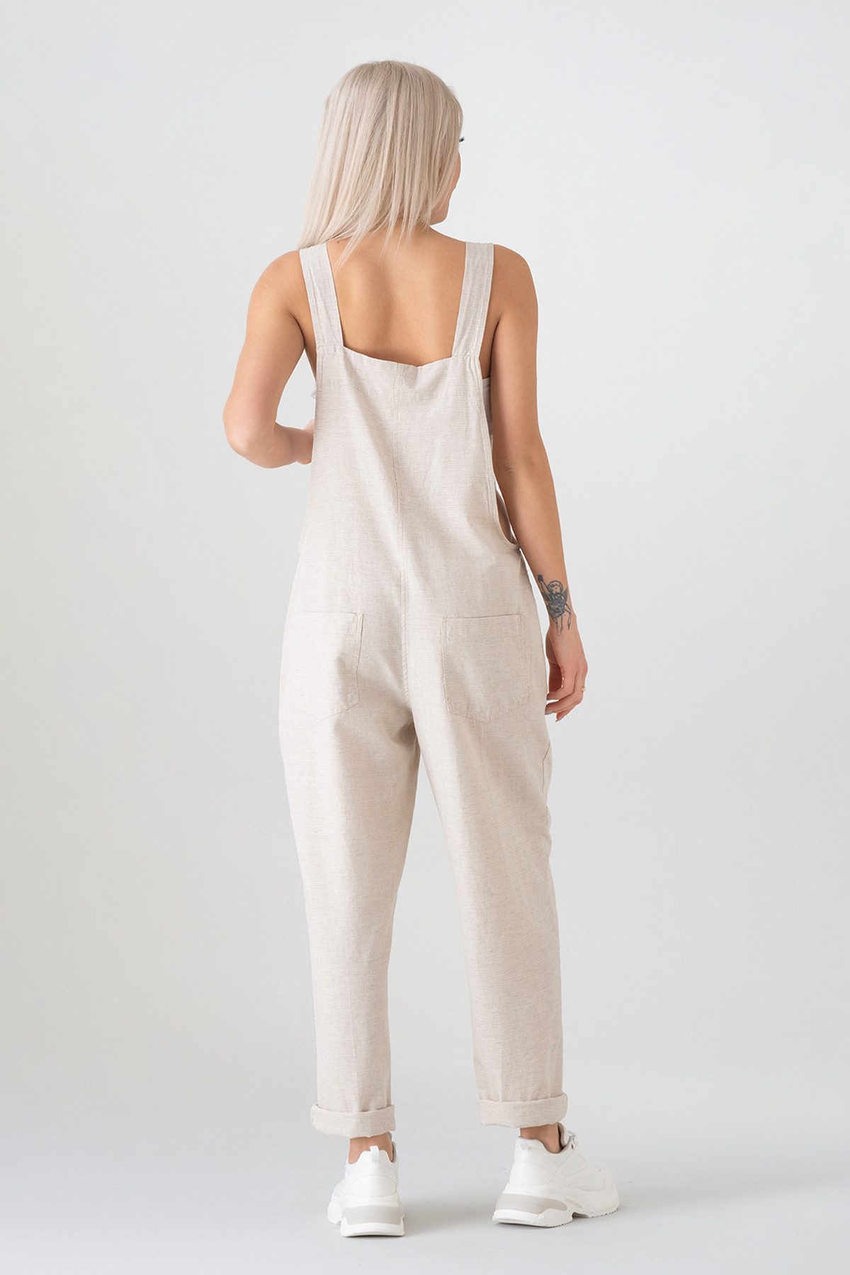 WENOR Latzhose Leinen Jumpsuit mit Taschen, verstellbar, Overall Look, Gr. 34–46 Naturfaser, Träger mit 3-fach Knopfverstellung